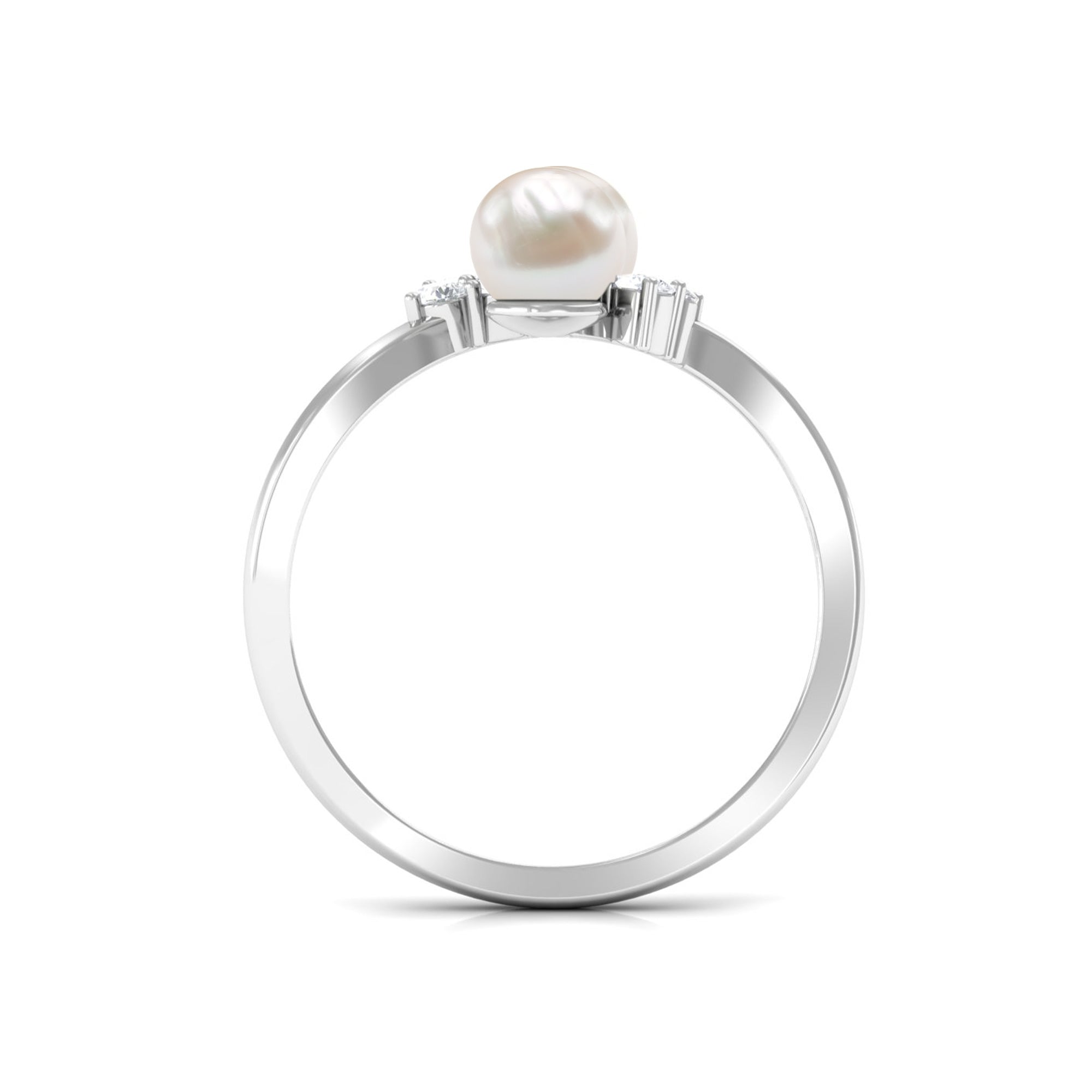 Rosec Jewels-Real Freshwater Pearl 2 Stone Engagement Ring with Diamond