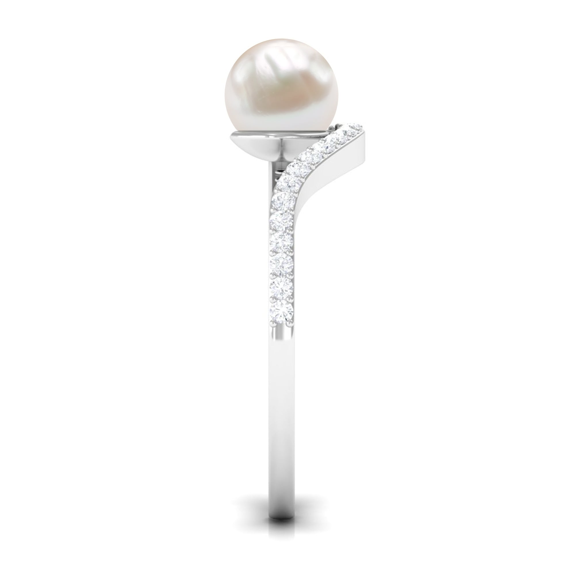 Cultured 2 Carat White Pearl Engagement Ring with Diamond Bypass Shank AAA - Rosec Jewels