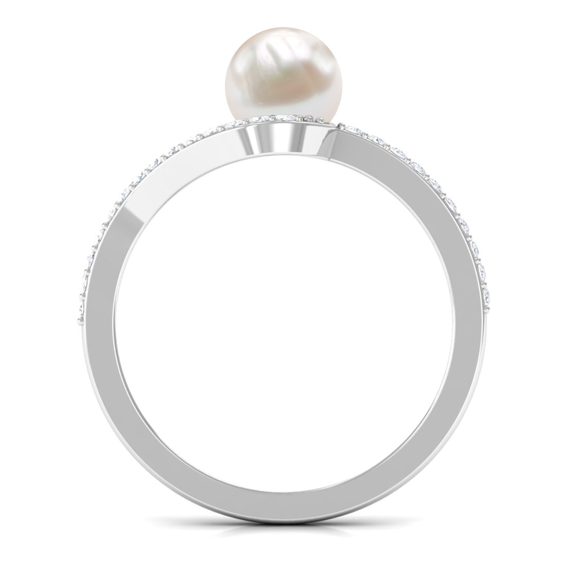 Cultured 2 Carat White Pearl Engagement Ring with Diamond Bypass Shank AAA - Rosec Jewels