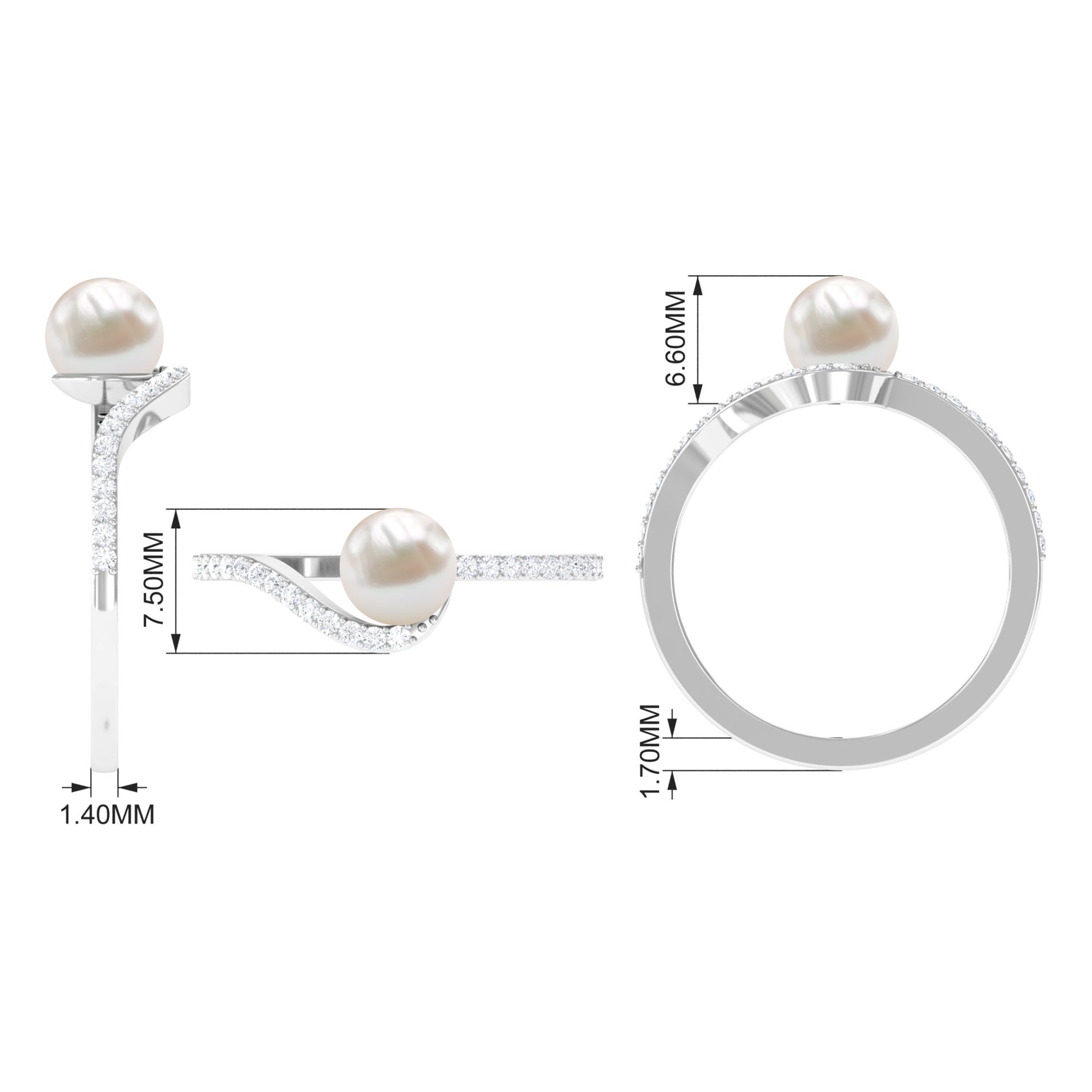 Cultured 2 Carat White Pearl Engagement Ring with Diamond Bypass Shank AAA - Rosec Jewels