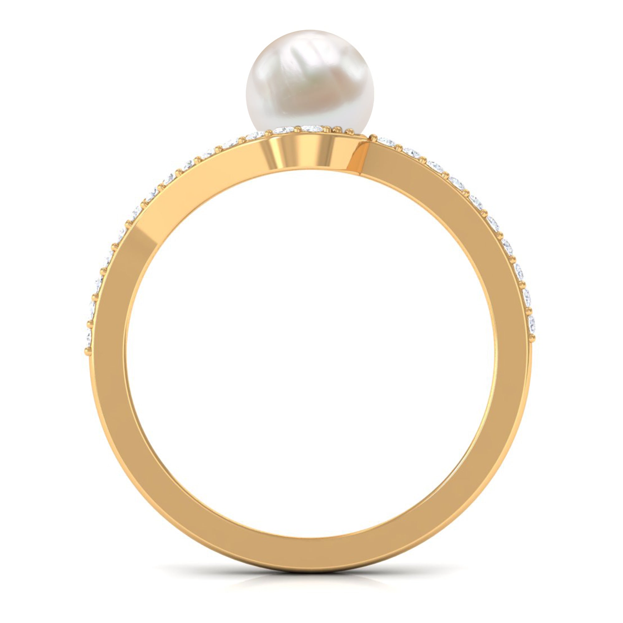 Cultured 2 Carat White Pearl Engagement Ring with Diamond Bypass Shank AAA - Rosec Jewels