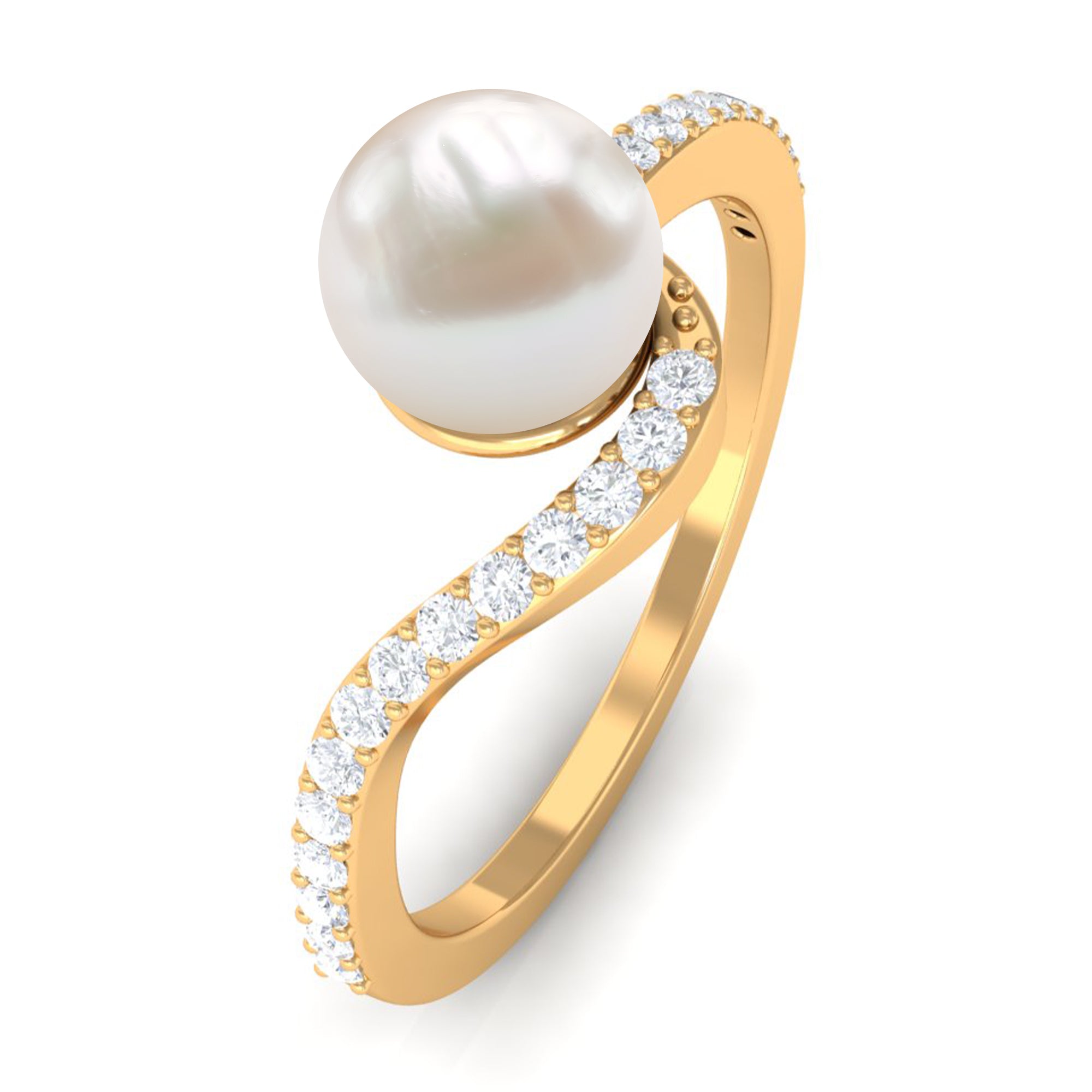 Cultured 2 Carat White Pearl Engagement Ring with Diamond Bypass Shank AAA - Rosec Jewels