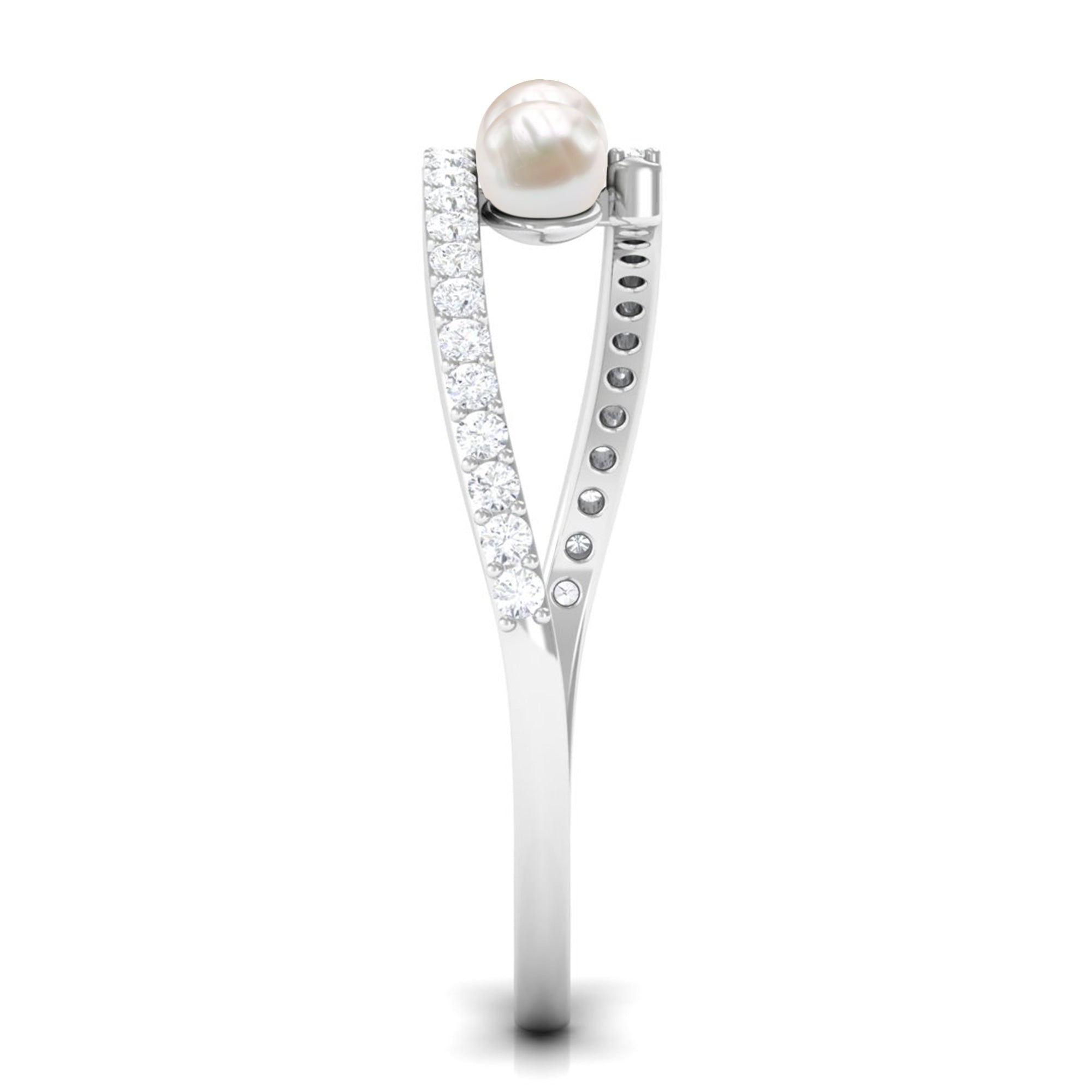 Rosec Jewels-Natural Freshwater Pearl 3 Stone Engagement Ring with Diamond