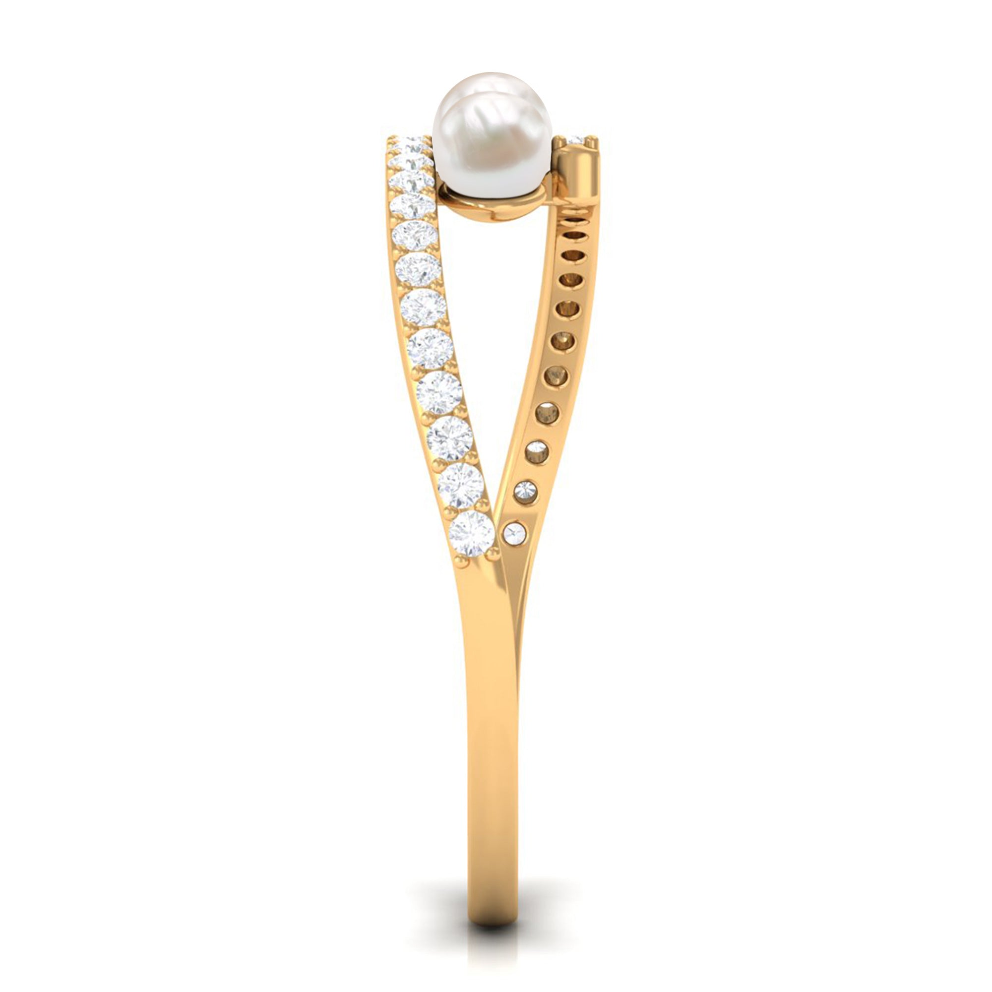 Rosec Jewels-Natural Freshwater Pearl 3 Stone Engagement Ring with Diamond