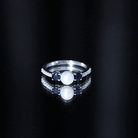 Rosec Jewels-Natural Freshwater Pearl and Blue Sapphire 3 Stone Engagement Ring with Diamond