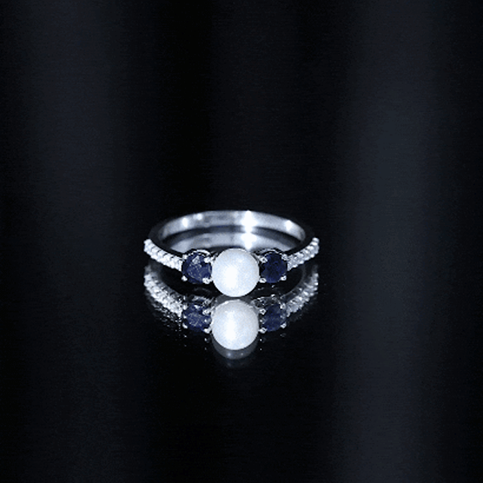 Rosec Jewels-Natural Freshwater Pearl and Blue Sapphire 3 Stone Engagement Ring with Diamond