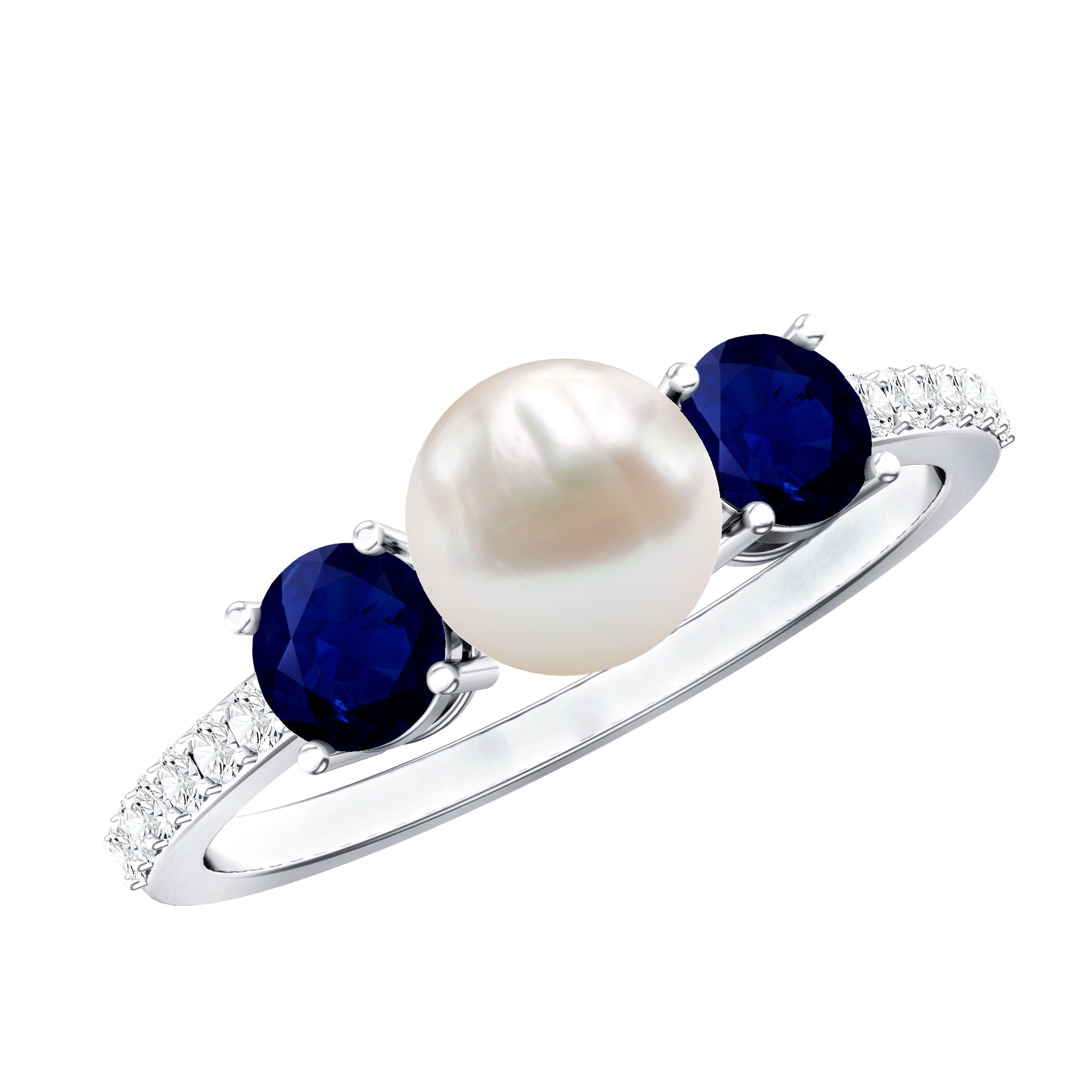 Rosec Jewels-Natural Freshwater Pearl and Blue Sapphire 3 Stone Engagement Ring with Diamond