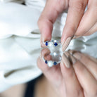 Rosec Jewels-Natural Freshwater Pearl and Blue Sapphire 3 Stone Engagement Ring with Diamond