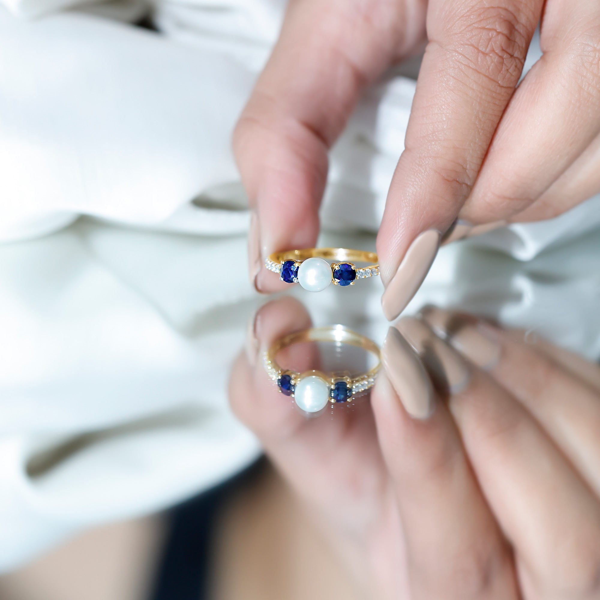 Rosec Jewels-Natural Freshwater Pearl and Blue Sapphire 3 Stone Engagement Ring with Diamond