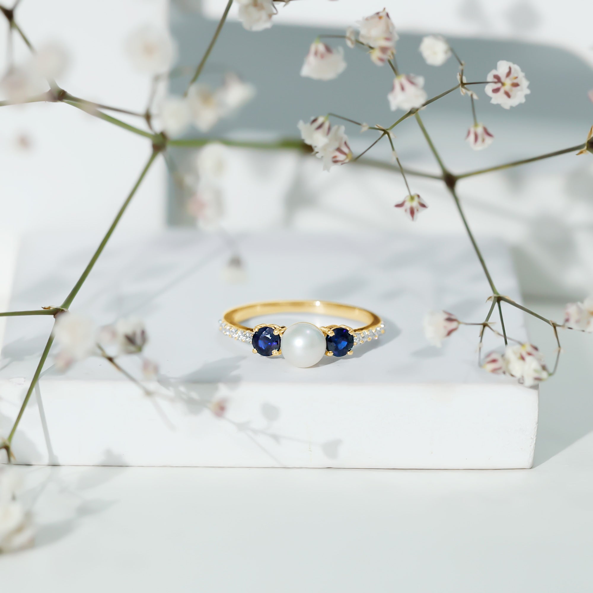 Rosec Jewels-Natural Freshwater Pearl and Blue Sapphire 3 Stone Engagement Ring with Diamond