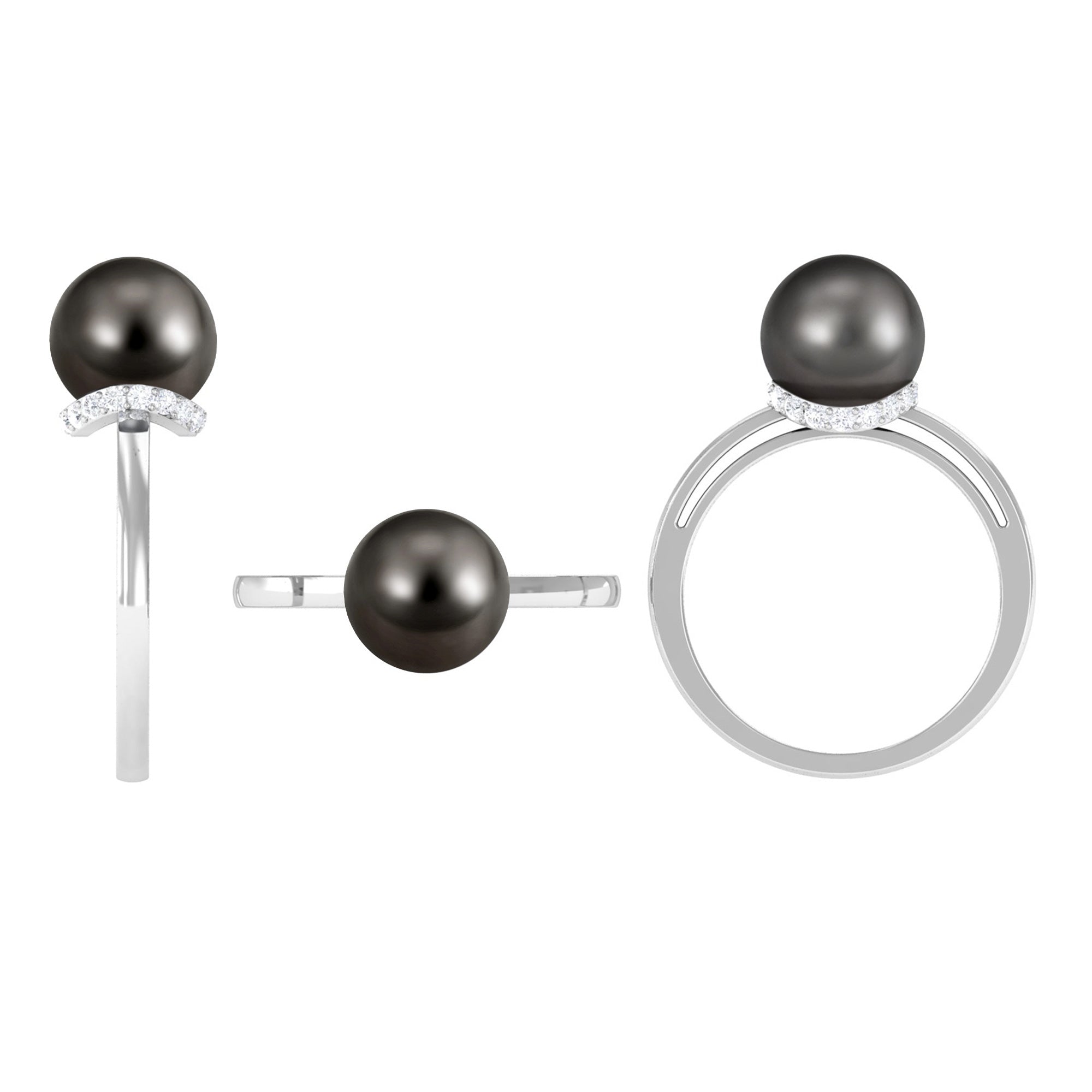 Tahitian Pearl Solitaire Engagement Ring with Diamond Surprise Halo AAA - Rosec Jewels