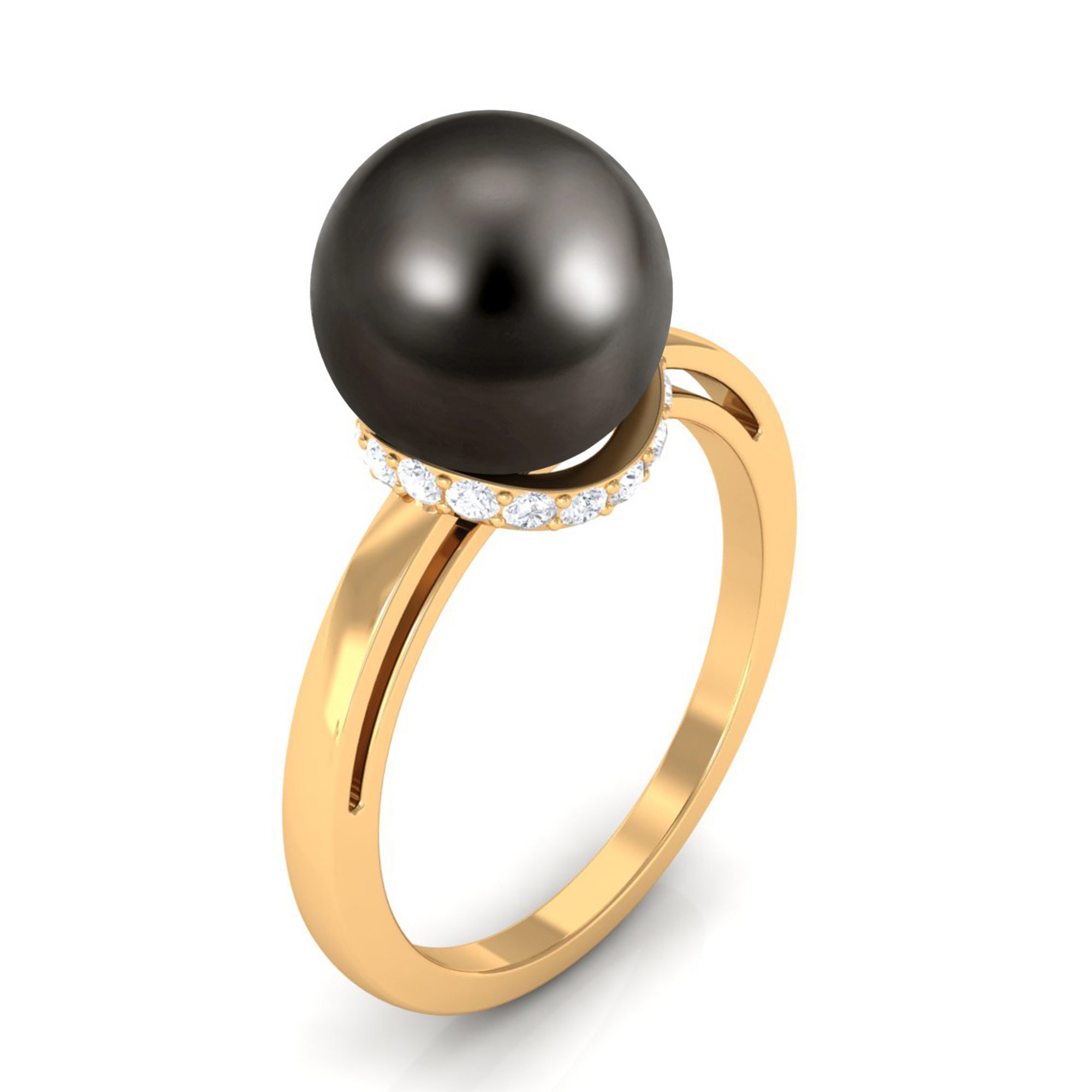 Tahitian Pearl Solitaire Engagement Ring with Diamond Surprise Halo AAA - Rosec Jewels