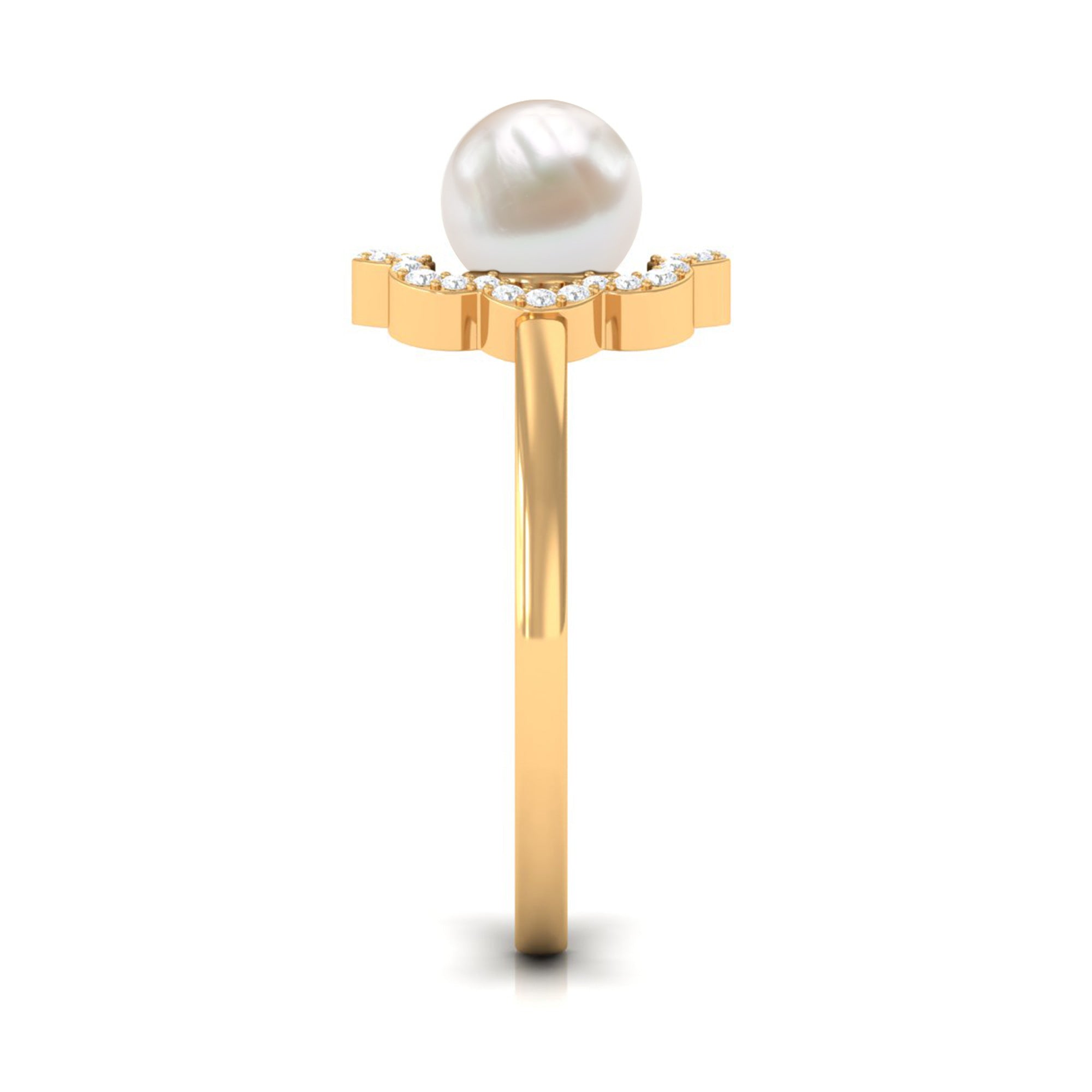 Cultured 2 Carat Freshwater Pearl Flower Engagement Ring with Diamond AAA - Rosec Jewels