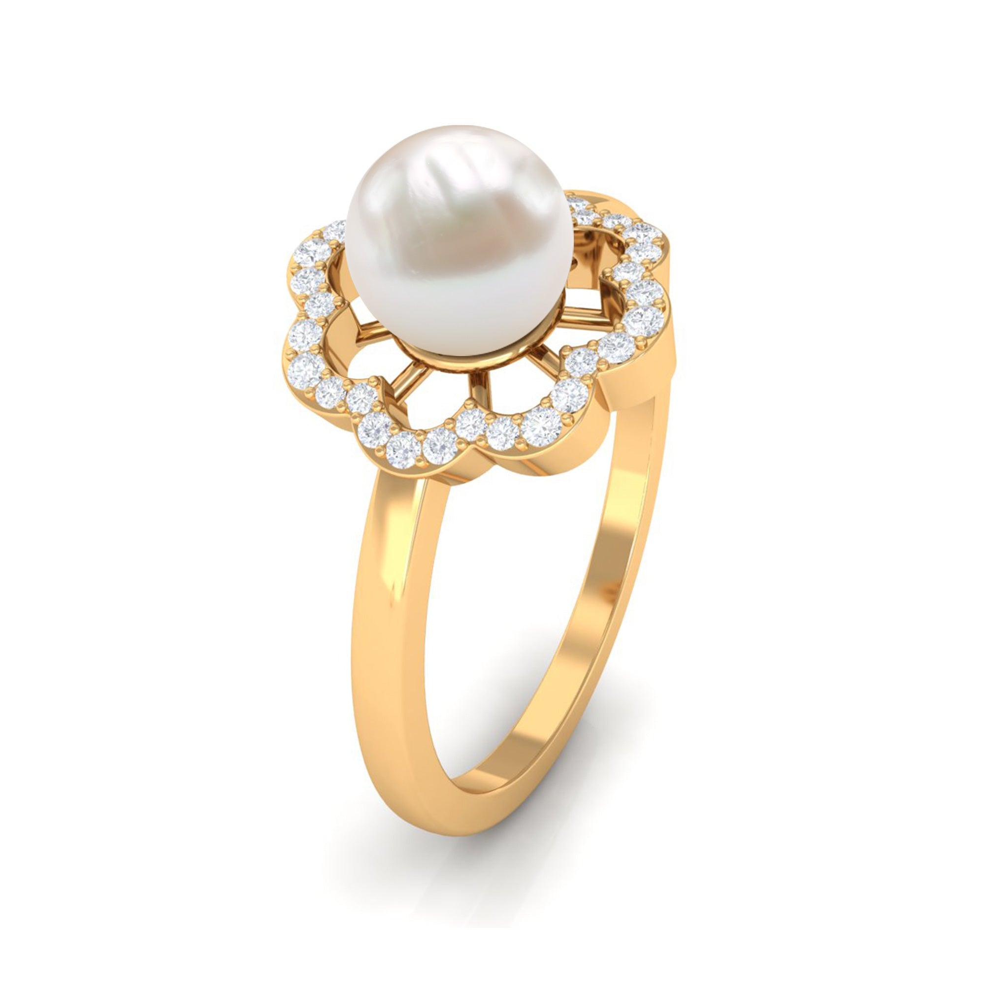 Cultured 2 Carat Freshwater Pearl Flower Engagement Ring with Diamond AAA - Rosec Jewels