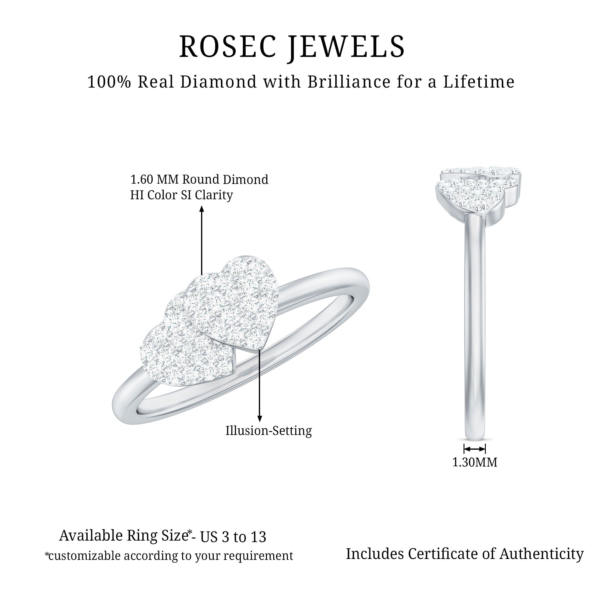 Natural Diamond Double Heart Ring for Promise Natural - ( HI-SI ) - Rosec Jewels