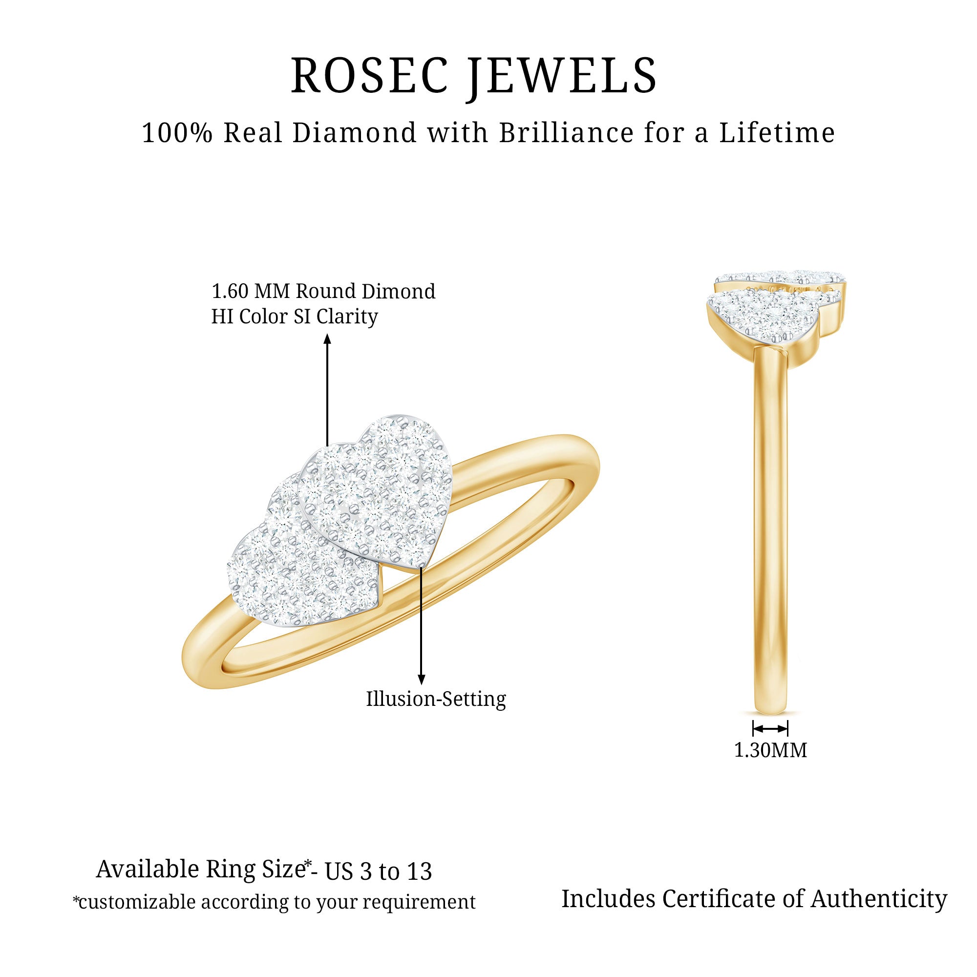 Natural Diamond Double Heart Ring for Promise Natural - ( HI-SI ) - Rosec Jewels