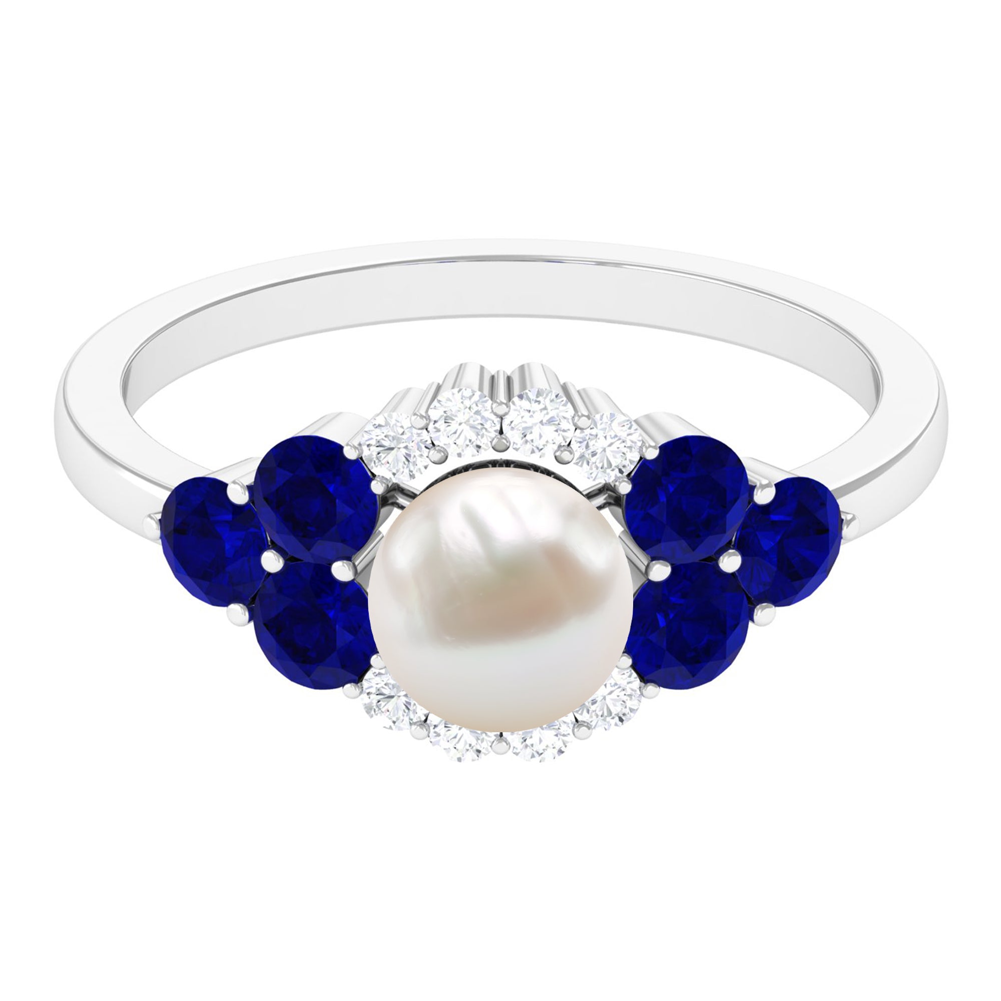 2 Carat Freshwater Pearl and Blue Sapphire Engagement Ring with Diamond AAA - Rosec Jewels