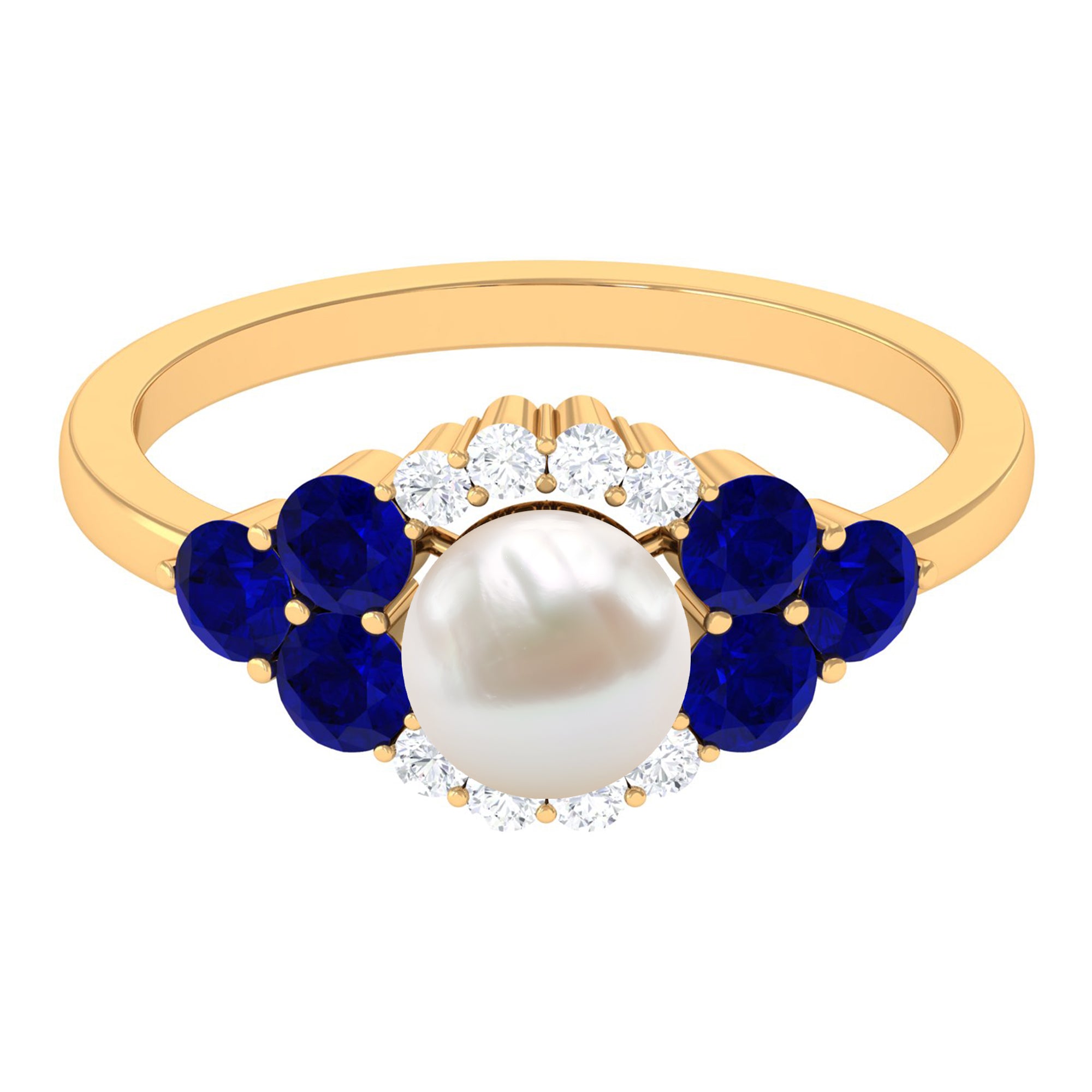 2 Carat Freshwater Pearl and Blue Sapphire Engagement Ring with Diamond AAA - Rosec Jewels