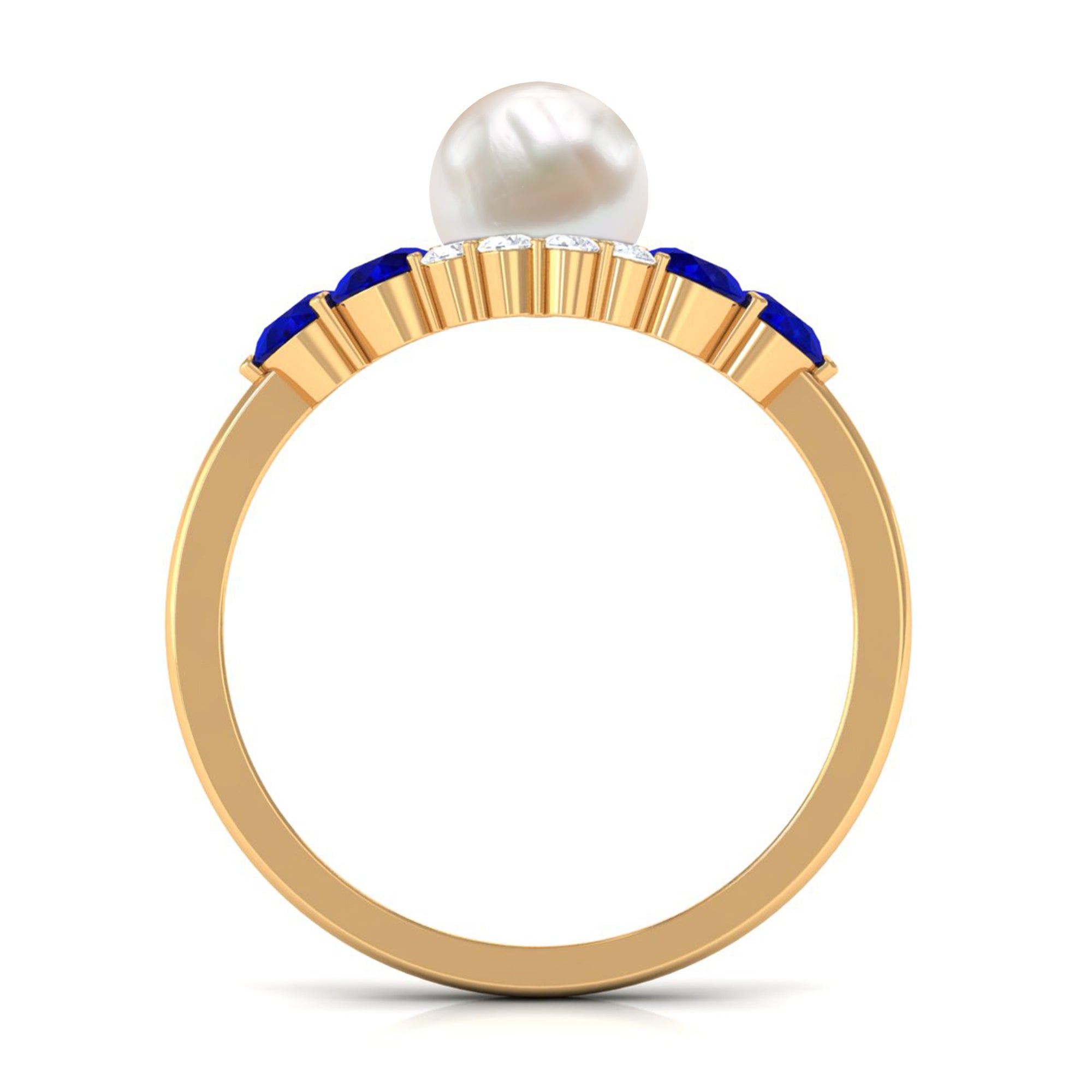 2 Carat Freshwater Pearl and Blue Sapphire Engagement Ring with Diamond AAA - Rosec Jewels