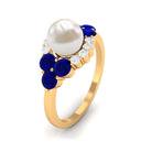 2 Carat Freshwater Pearl and Blue Sapphire Engagement Ring with Diamond AAA - Rosec Jewels