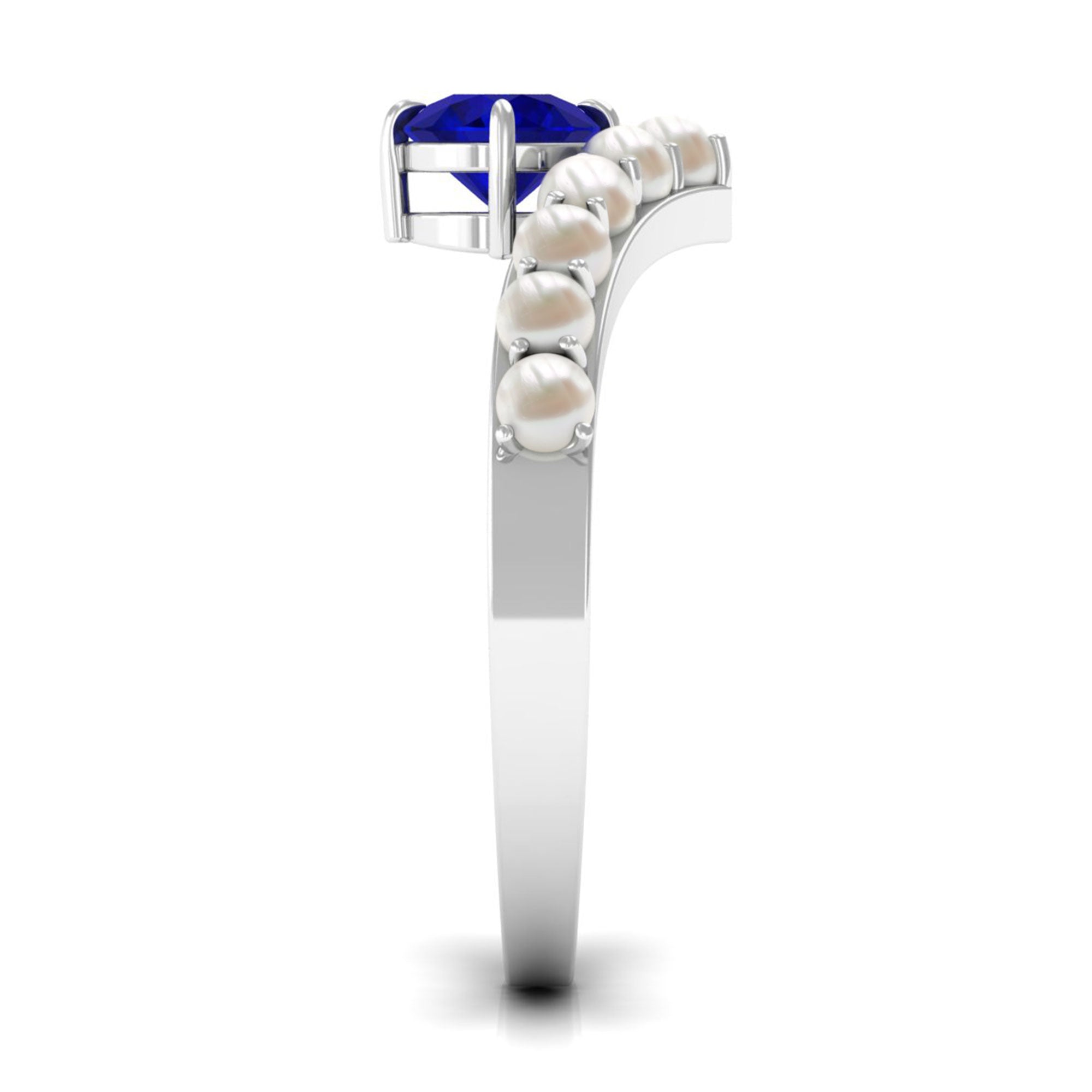 Rosec Jewels-2 CT Solitaire Blue Sapphire and Freshwater Pearl Chevron Ring