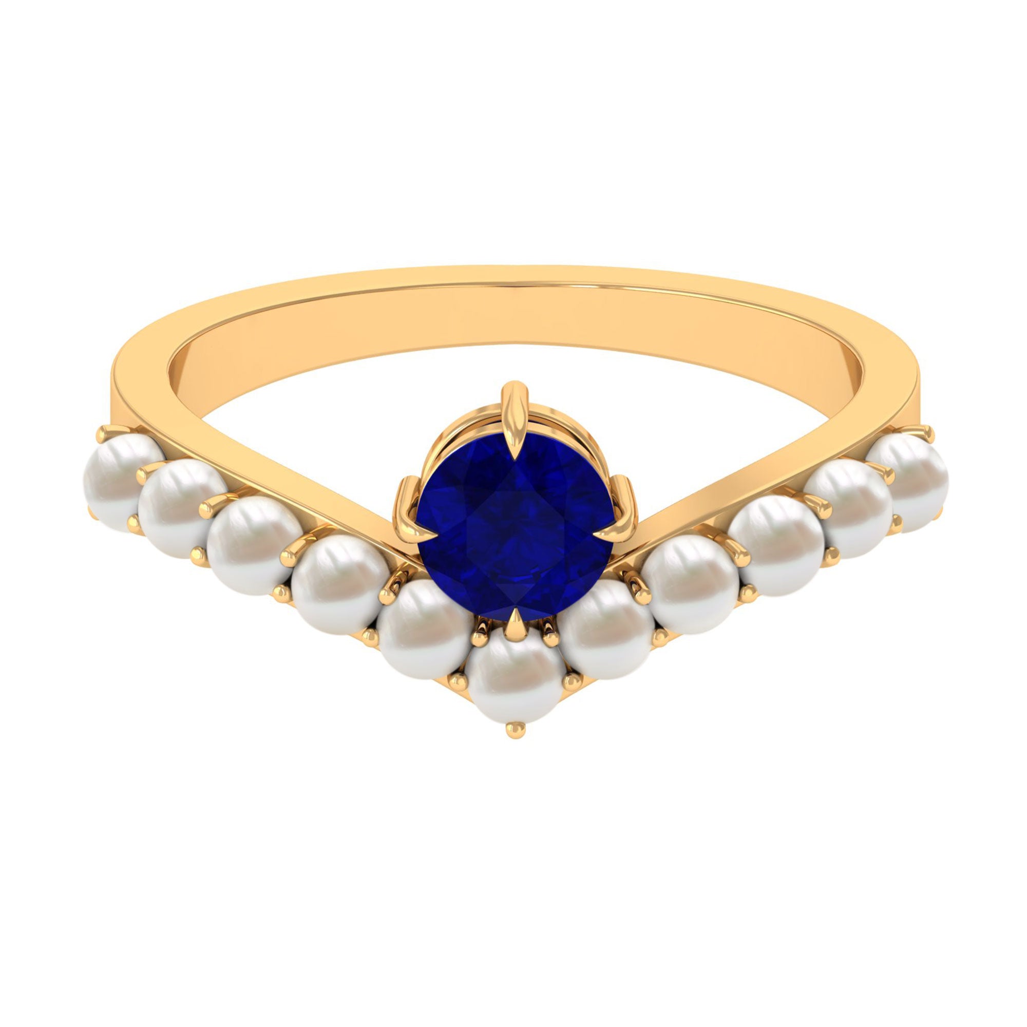 Rosec Jewels-2 CT Solitaire Blue Sapphire and Freshwater Pearl Chevron Ring