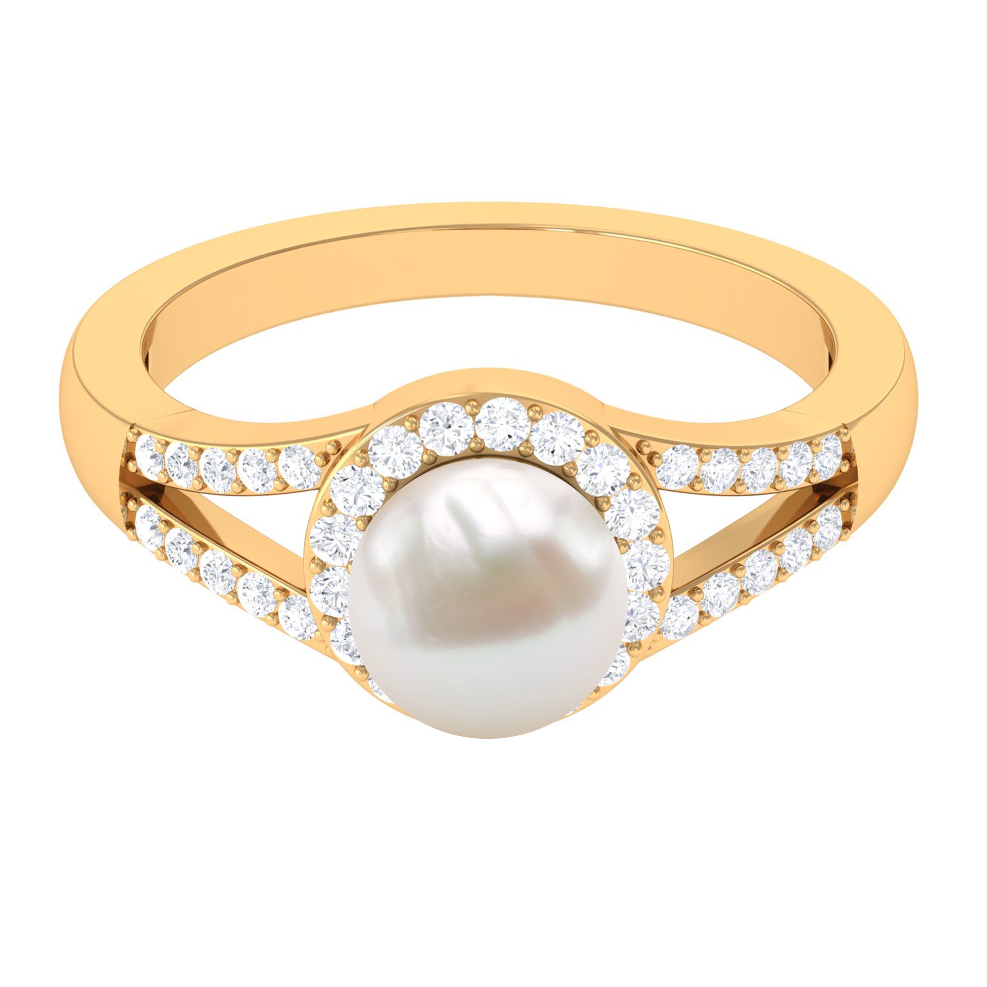 Split Shank Freshwater Pearl Engagement Ring with Diamond Halo AAA - Rosec Jewels