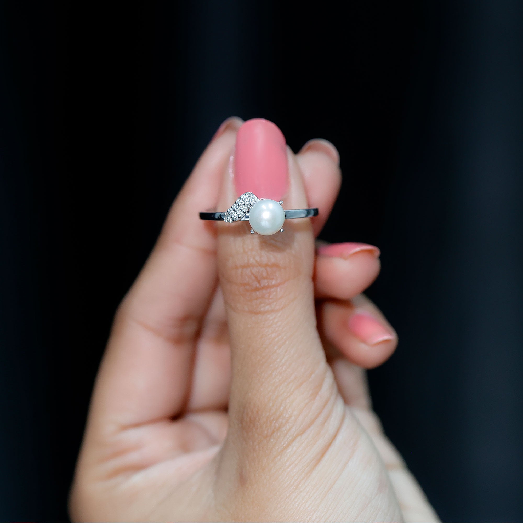 Cultured 3 Carat Freshwater Pearl Solitaire Engagement Ring with Diamond AAA - Rosec Jewels