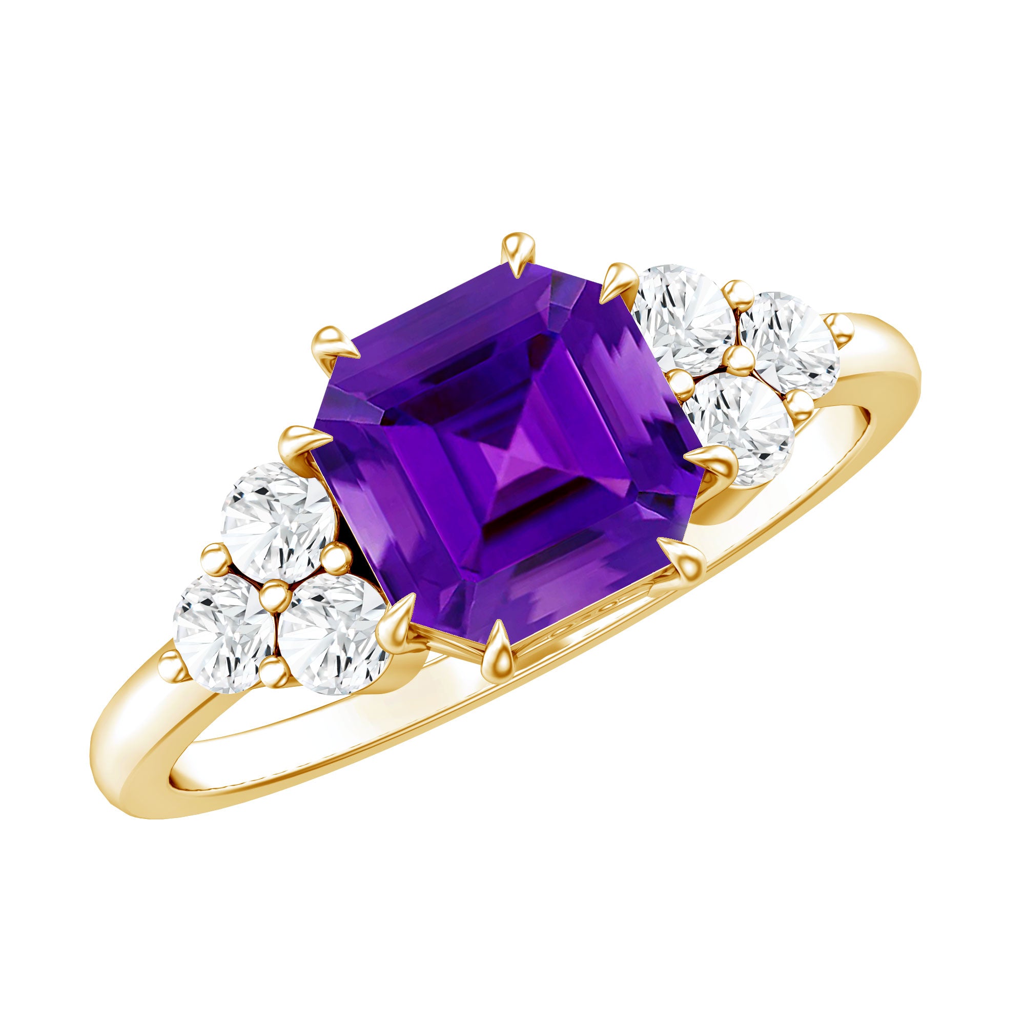 3 Carat Amethyst Asscher Cut Engagement Ring with Diamond Trio AAA - Rosec Jewels