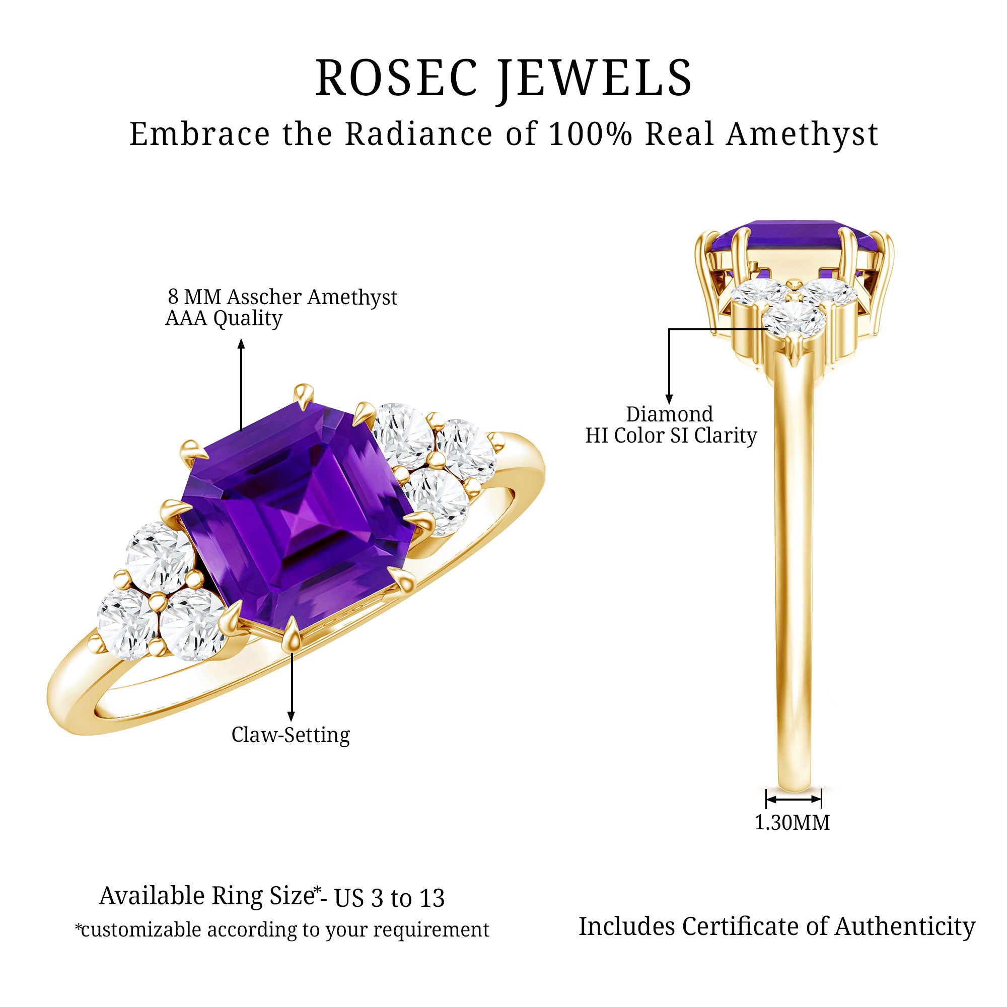 3 Carat Amethyst Asscher Cut Engagement Ring with Diamond Trio AAA - Rosec Jewels