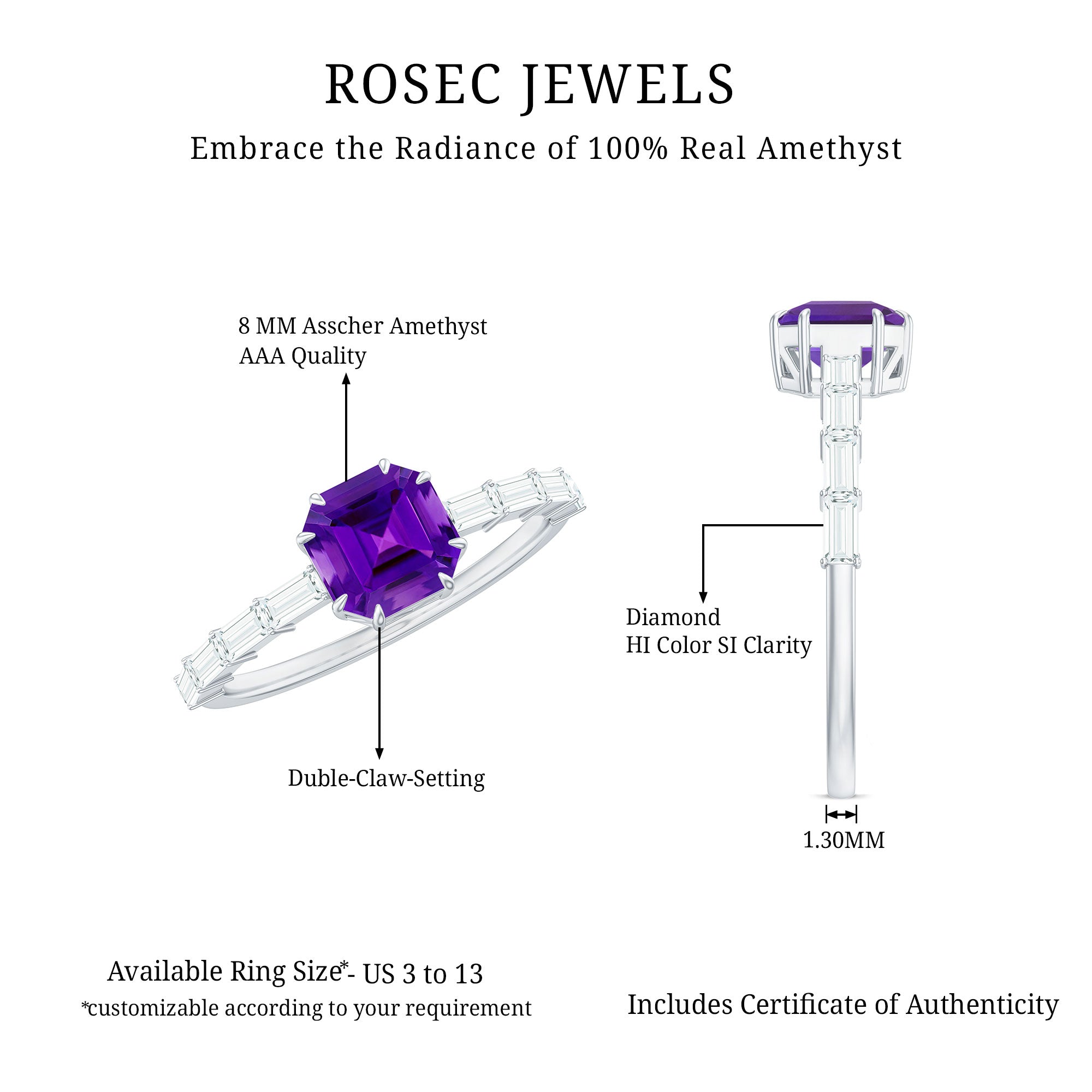 3 Carat Amethyst Asscher Cut Engagement Ring with Diamond AAA - Rosec Jewels