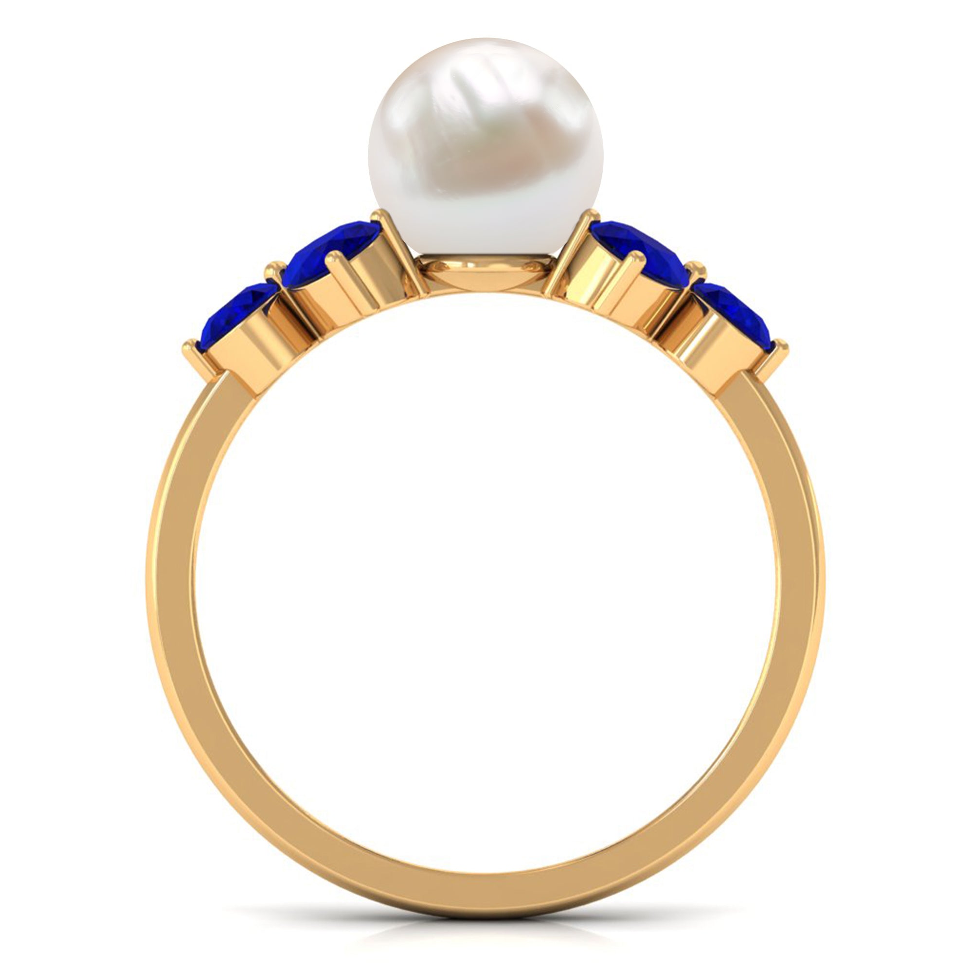 Rosec Jewels-Natural 7.4 Carat Freshwater Pearl Engagement Ring with Blue Sapphire Trio