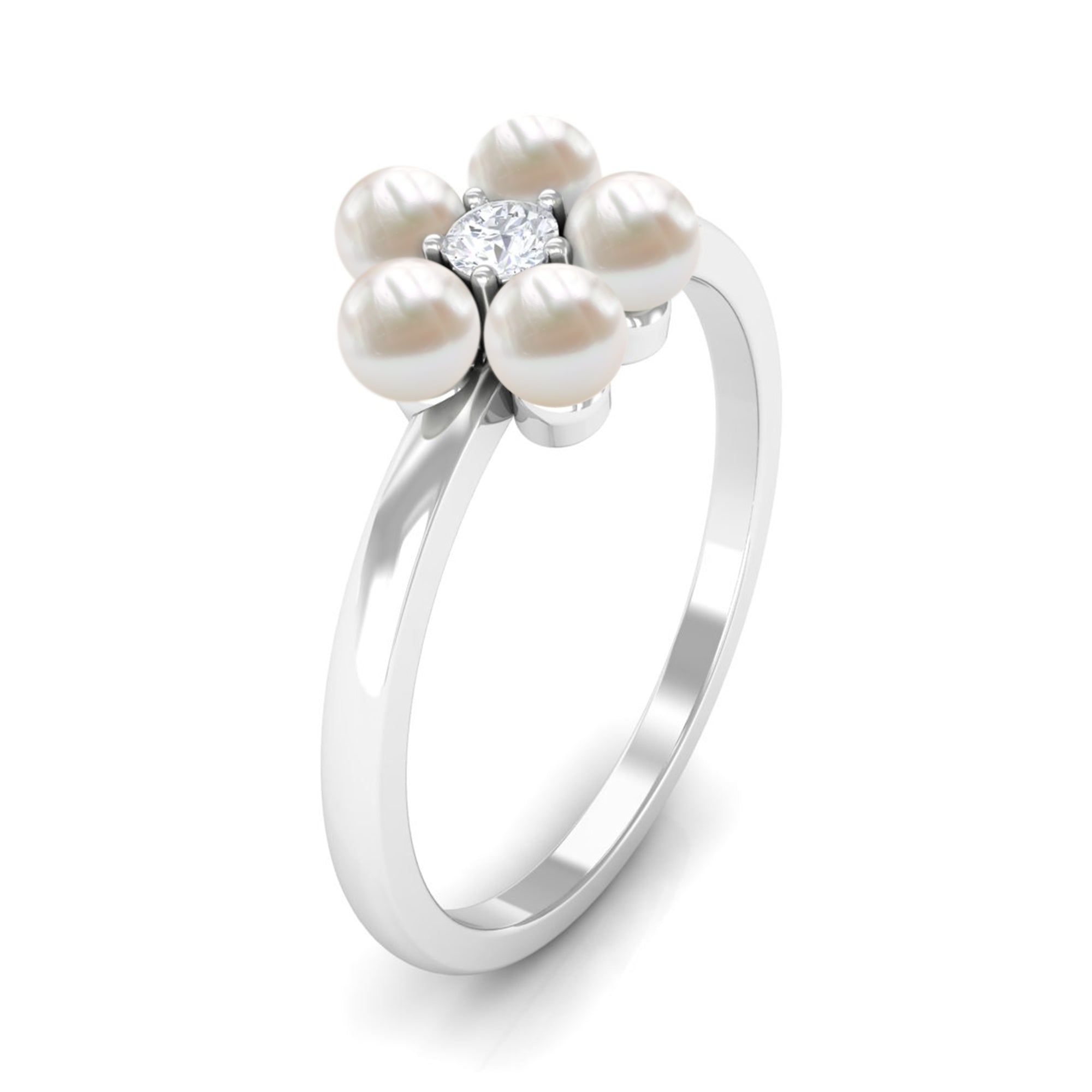 Rosec Jewels-Cultured Freshwater Pearl Flower Promise Ring with Lab Diamond