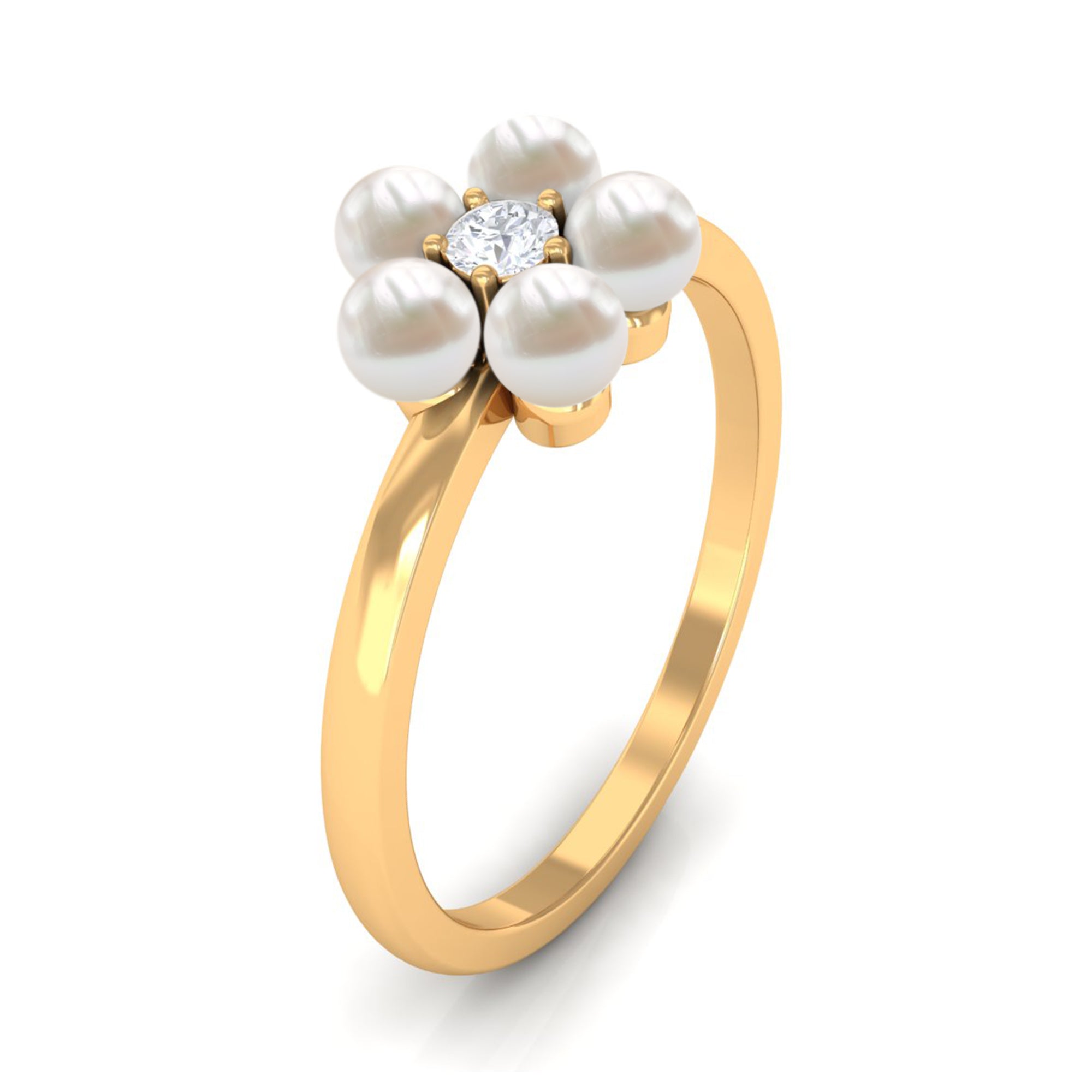 Rosec Jewels-Cultured Freshwater Pearl Flower Promise Ring with Lab Diamond