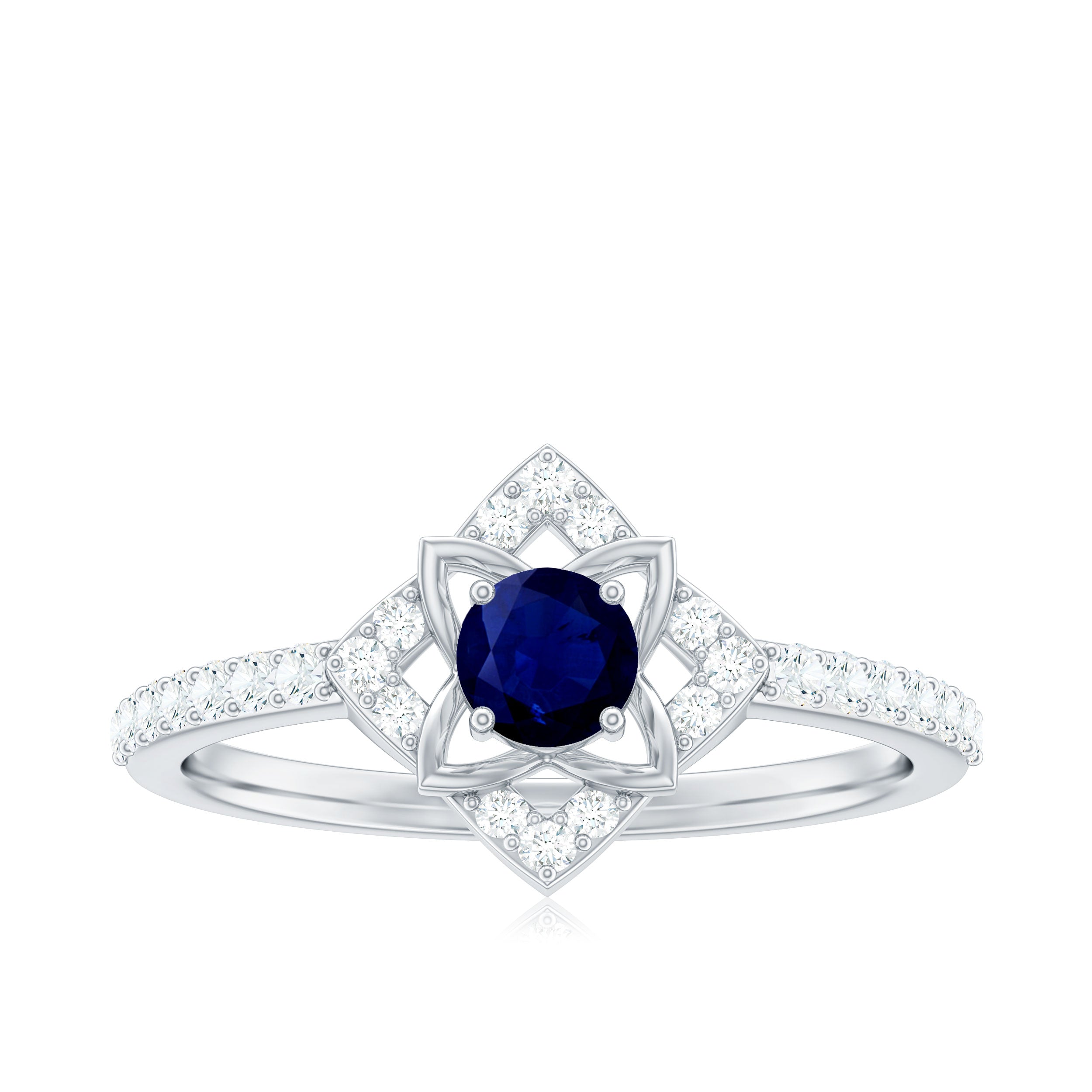 Real Blue Sapphire Diamond Flower Engagement Ring for Women AAA - Rosec Jewels