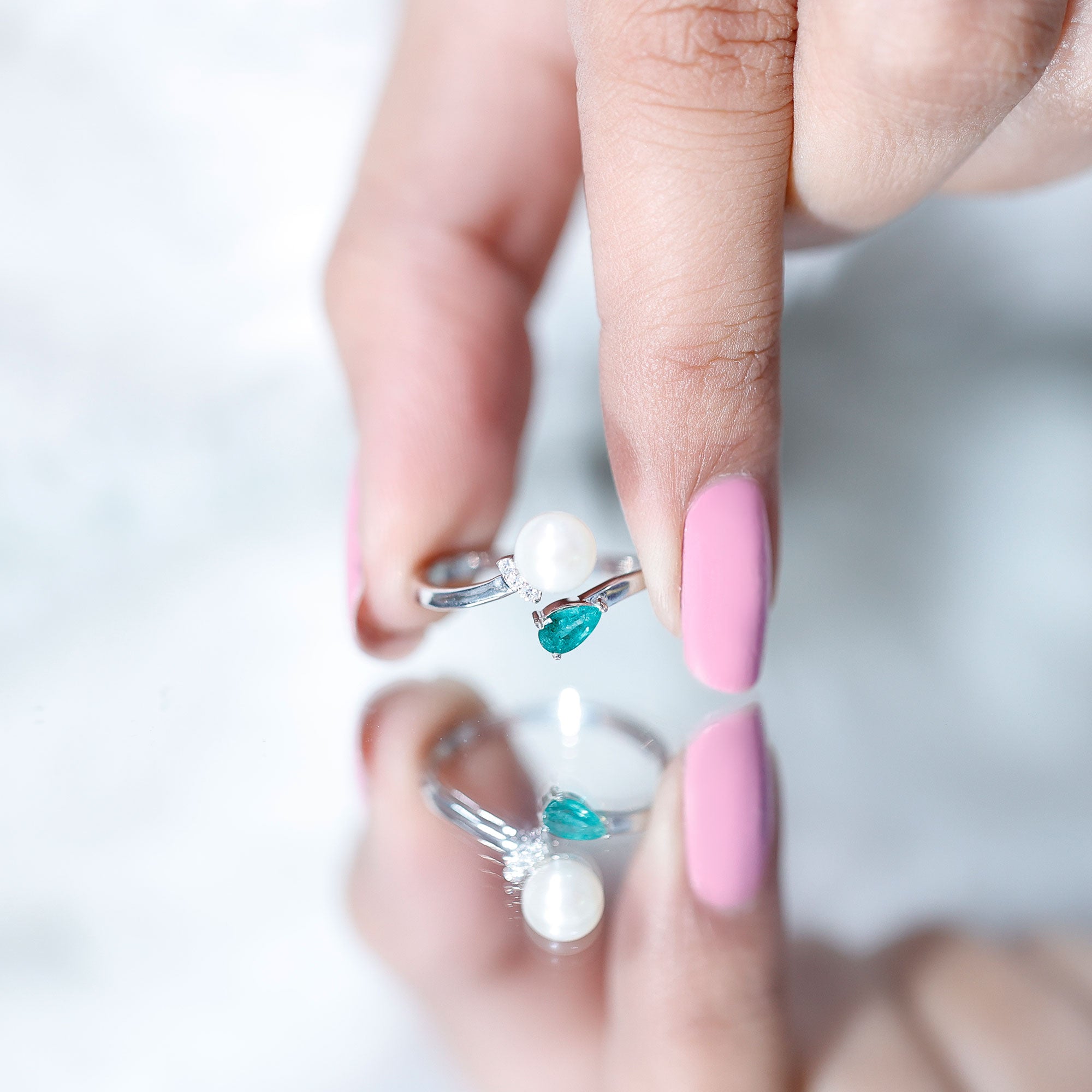 Rosec Jewels-Cultured Freshwater Pearl and Emerald Toi Et Moi Promise Ring