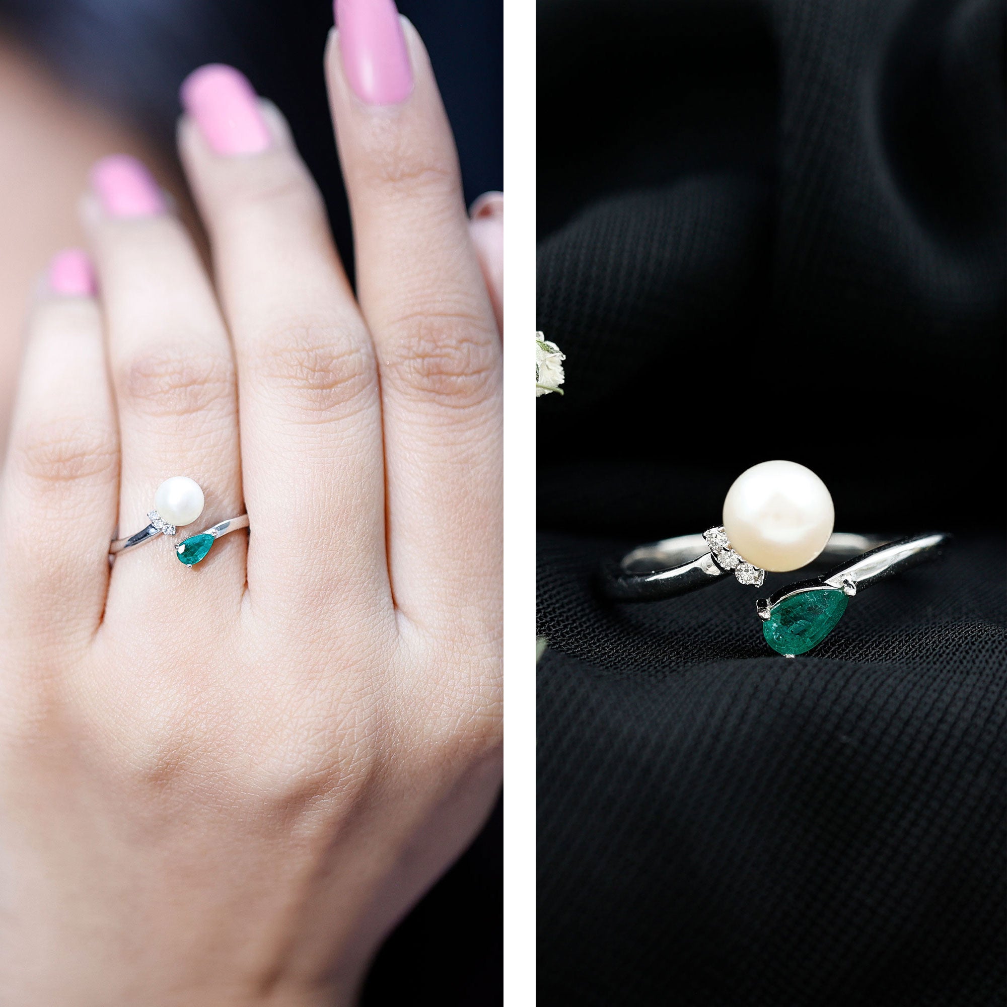 Rosec Jewels-Cultured Freshwater Pearl and Emerald Toi Et Moi Promise Ring