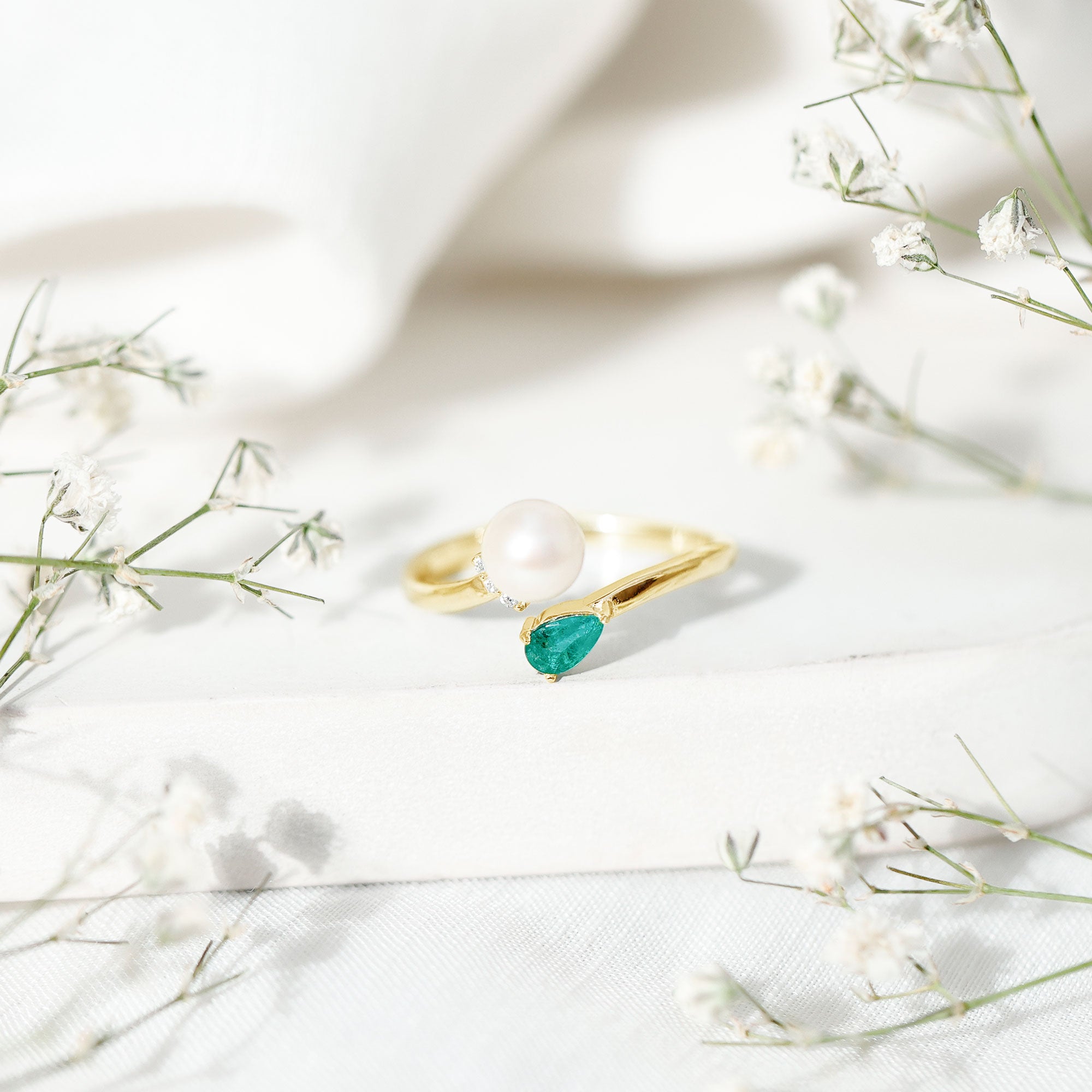 Rosec Jewels-Cultured Freshwater Pearl and Emerald Toi Et Moi Promise Ring