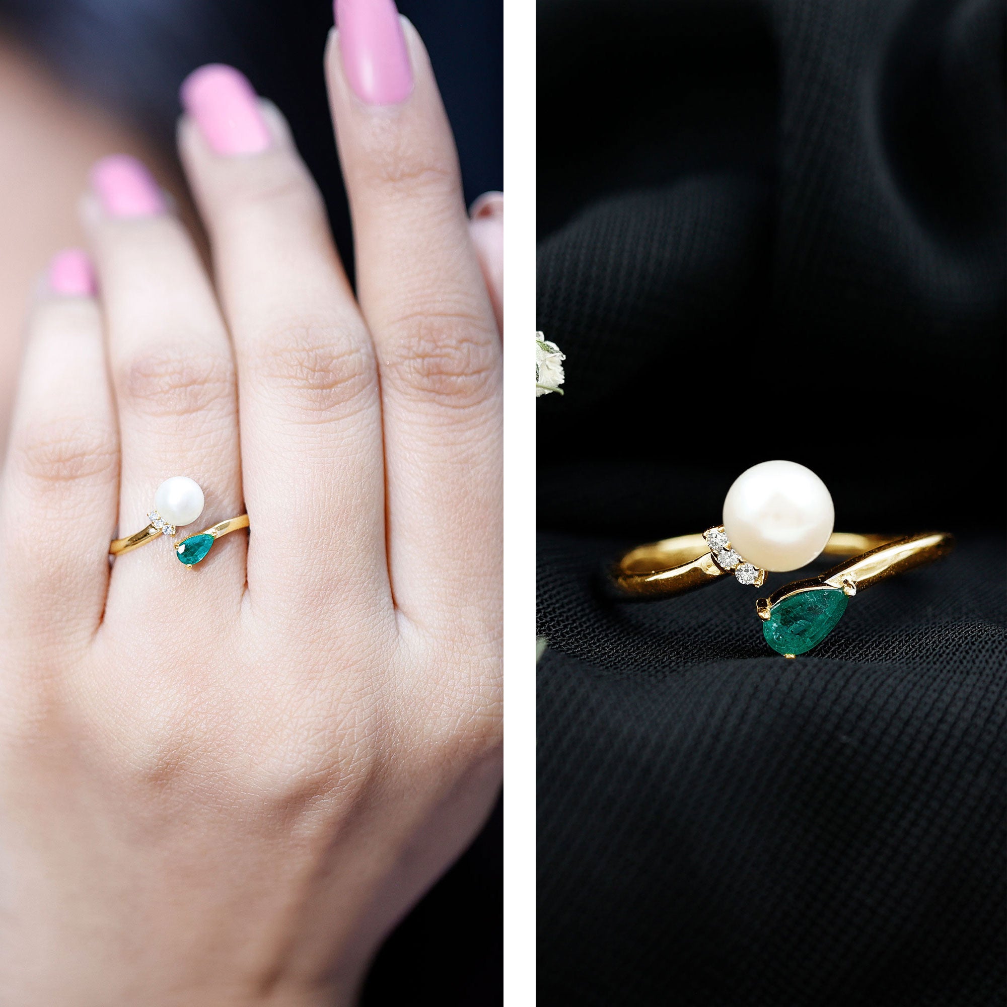 Rosec Jewels-Cultured Freshwater Pearl and Emerald Toi Et Moi Promise Ring