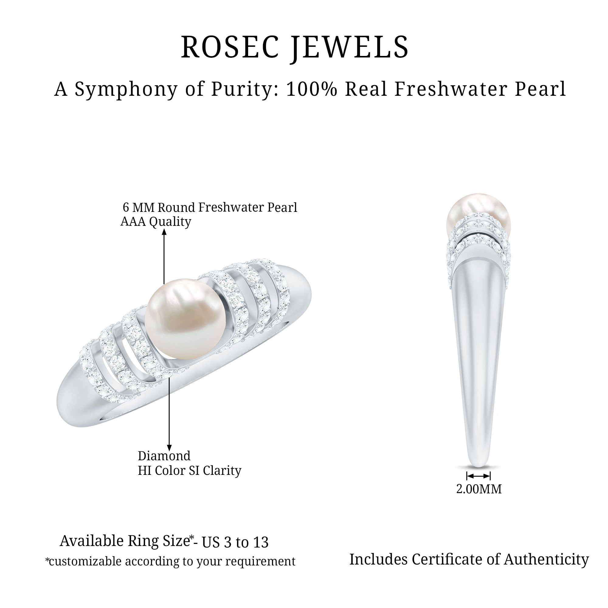 2 Carat Freshwater Pearl Diamond Engagement Ring for Women AAA - Rosec Jewels