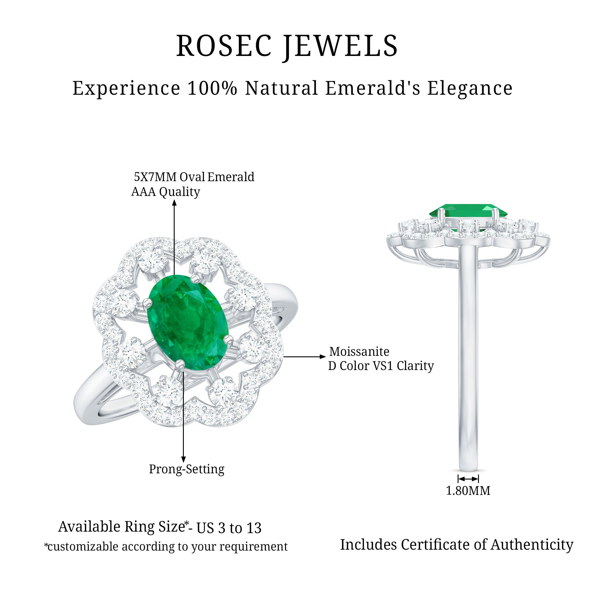 0.7 Carat Oval Emerald Designer Engagement Ring with Diamond AAA - Rosec Jewels