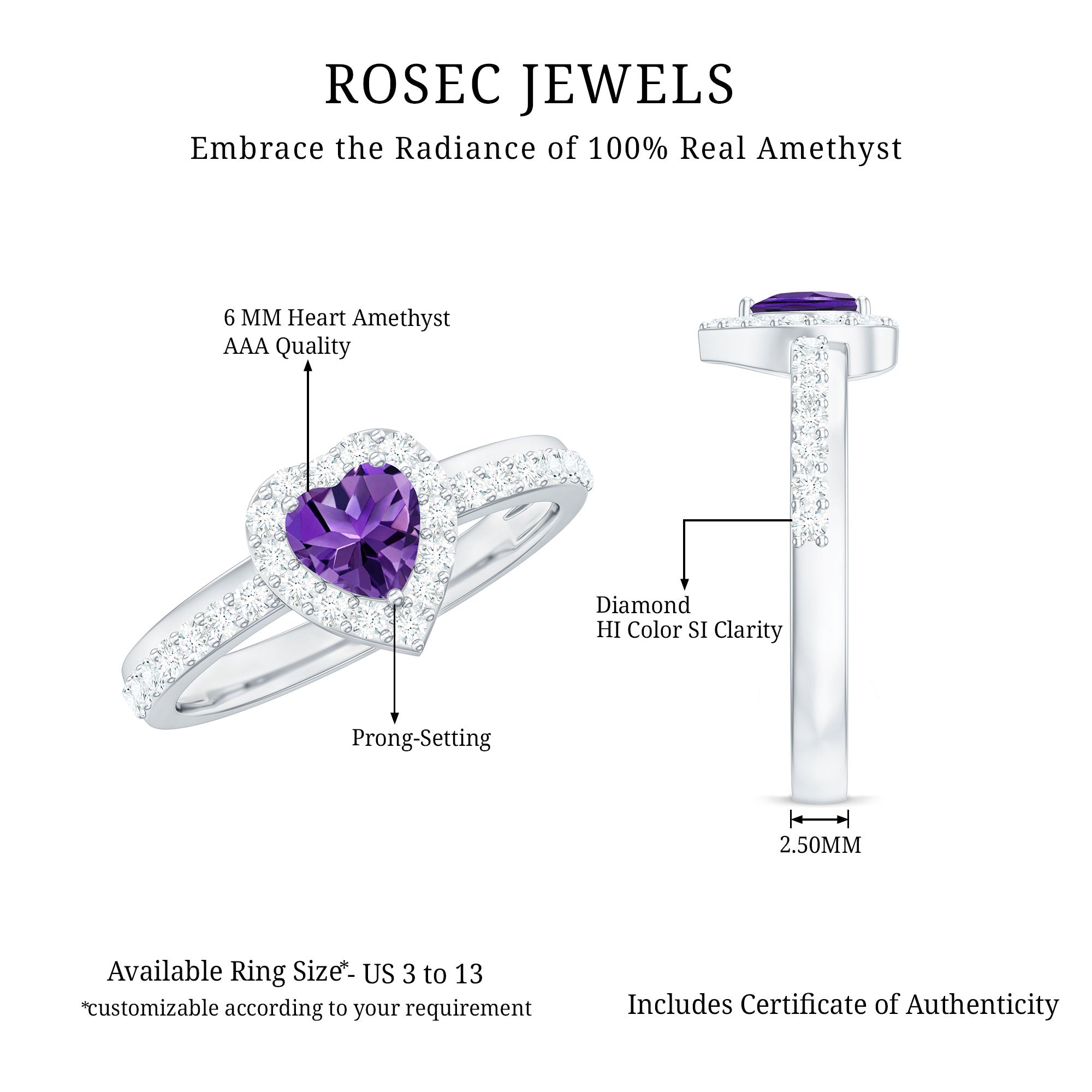 Heart Shape Amethyst and Diamond Halo Engagement Ring AAA - Rosec Jewels