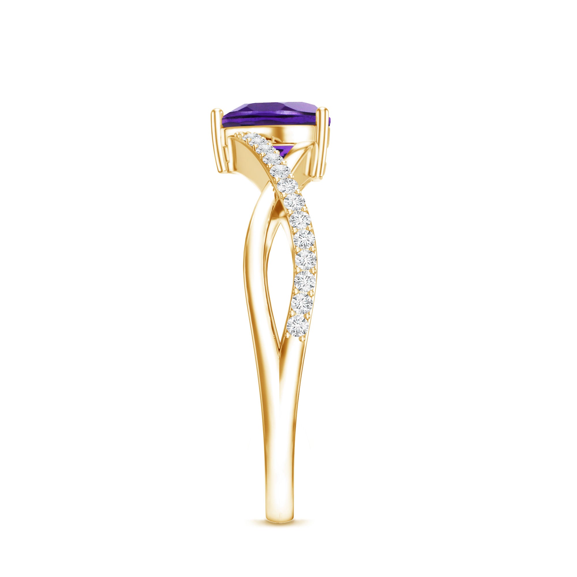Rosec Jewels-Genuine 0.9 Carat Amethyst Heart Engagement Ring with Diamond Crossover Shank