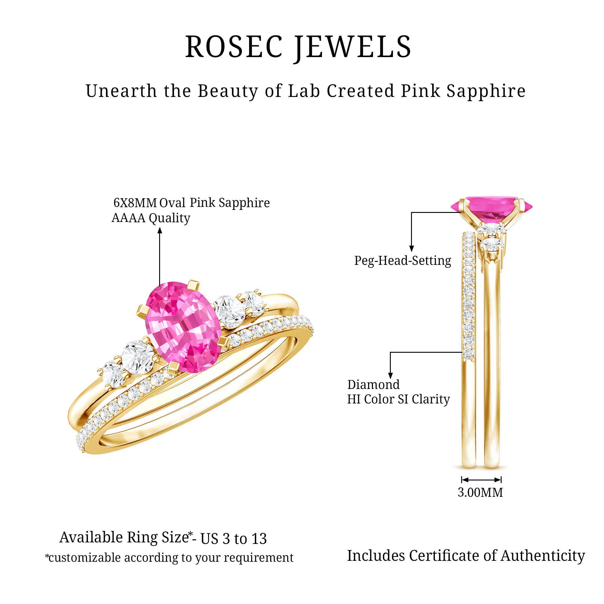 1.50 CT Oval Cut Solitaire Created Pink Sapphire Ring Set with Diamond AAAA - Rosec Jewels