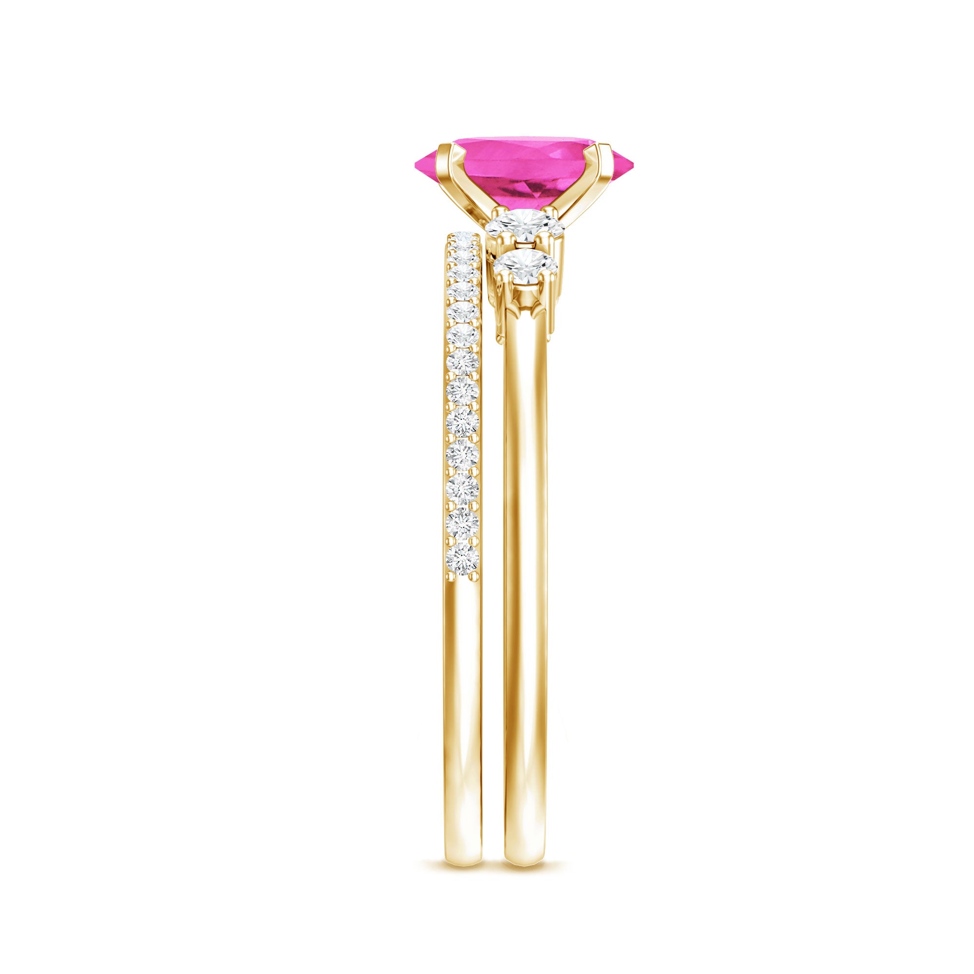 1.50 CT Oval Cut Solitaire Created Pink Sapphire Ring Set with Diamond AAAA - Rosec Jewels