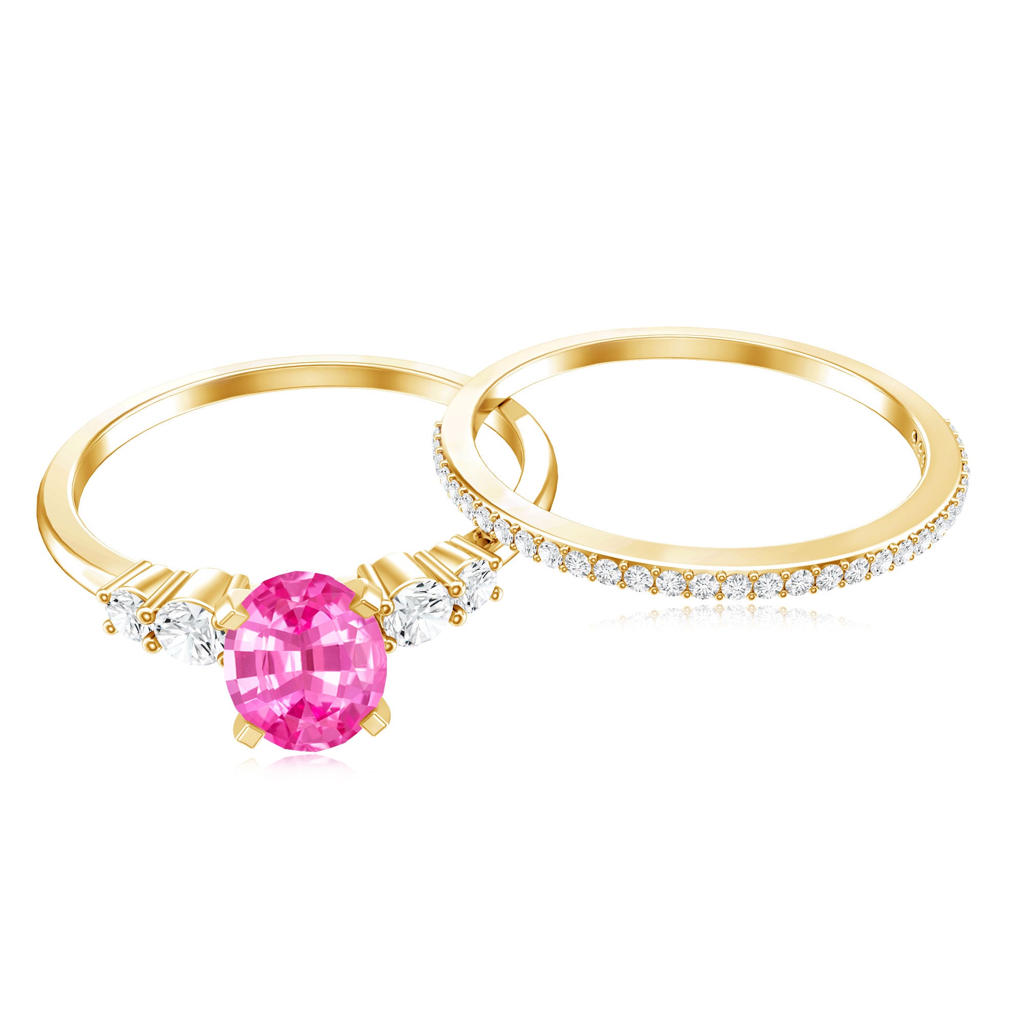 1.50 CT Oval Cut Solitaire Created Pink Sapphire Ring Set with Diamond AAAA - Rosec Jewels
