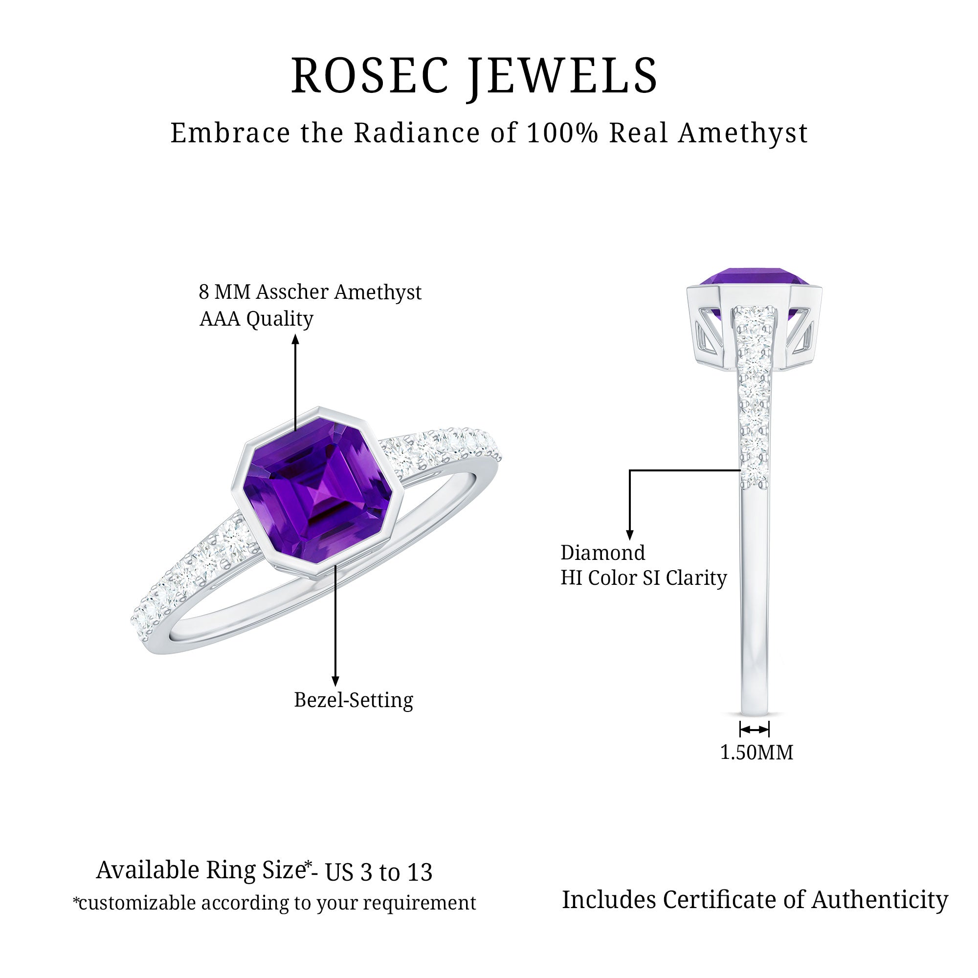 Rosec Jewels-Bezel Asscher Amethyst Solitaire Ring with Diamond Side Stones