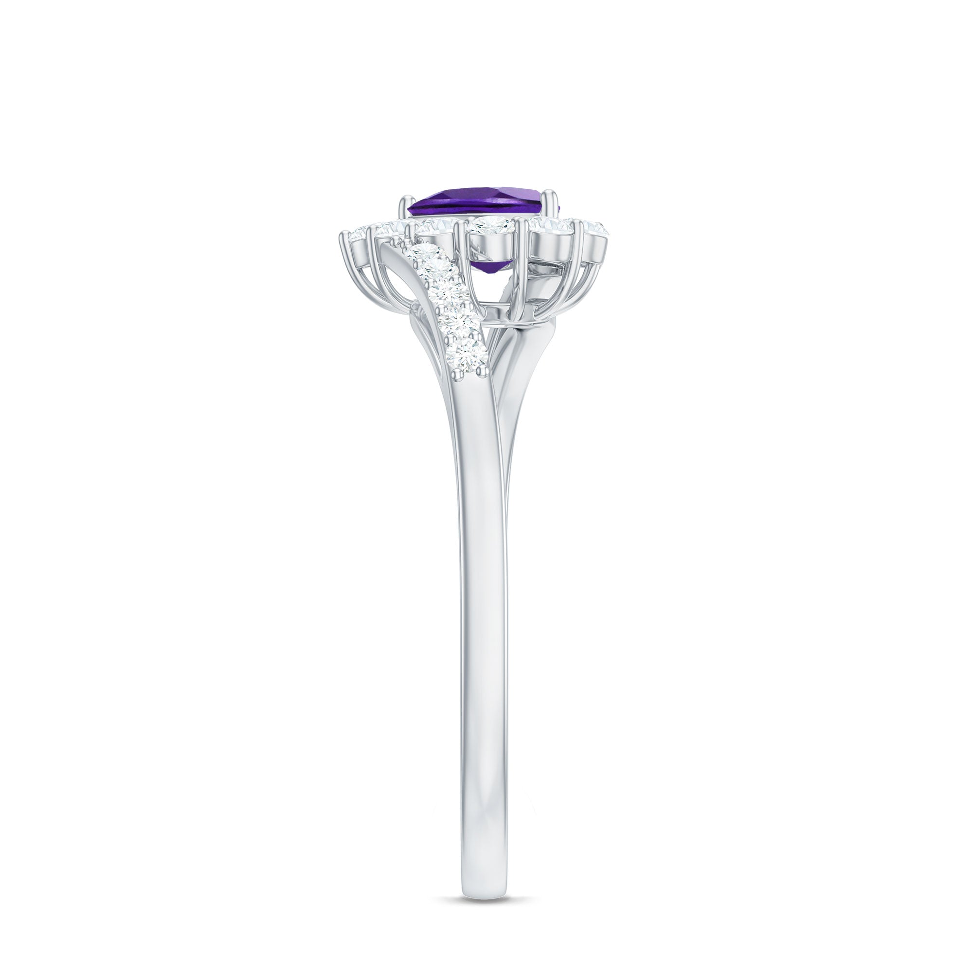 Real 0.9 Carat Amethyst Heart Engagement Ring with Diamond Halo AAA - Rosec Jewels