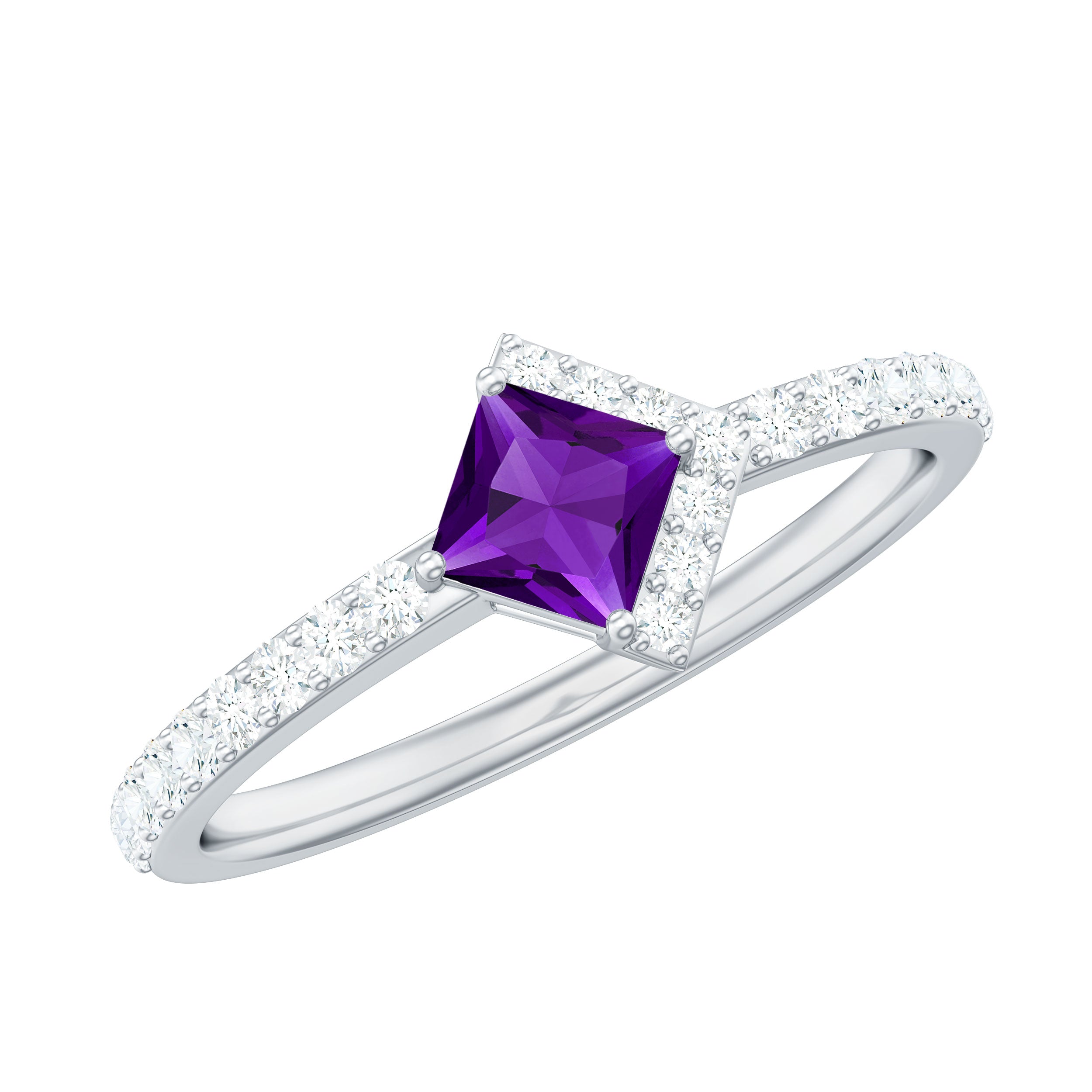 Certified Real 1.2 Carat Amethyst Princess Cut Engagement Ring with Diamond AAA - Rosec Jewels