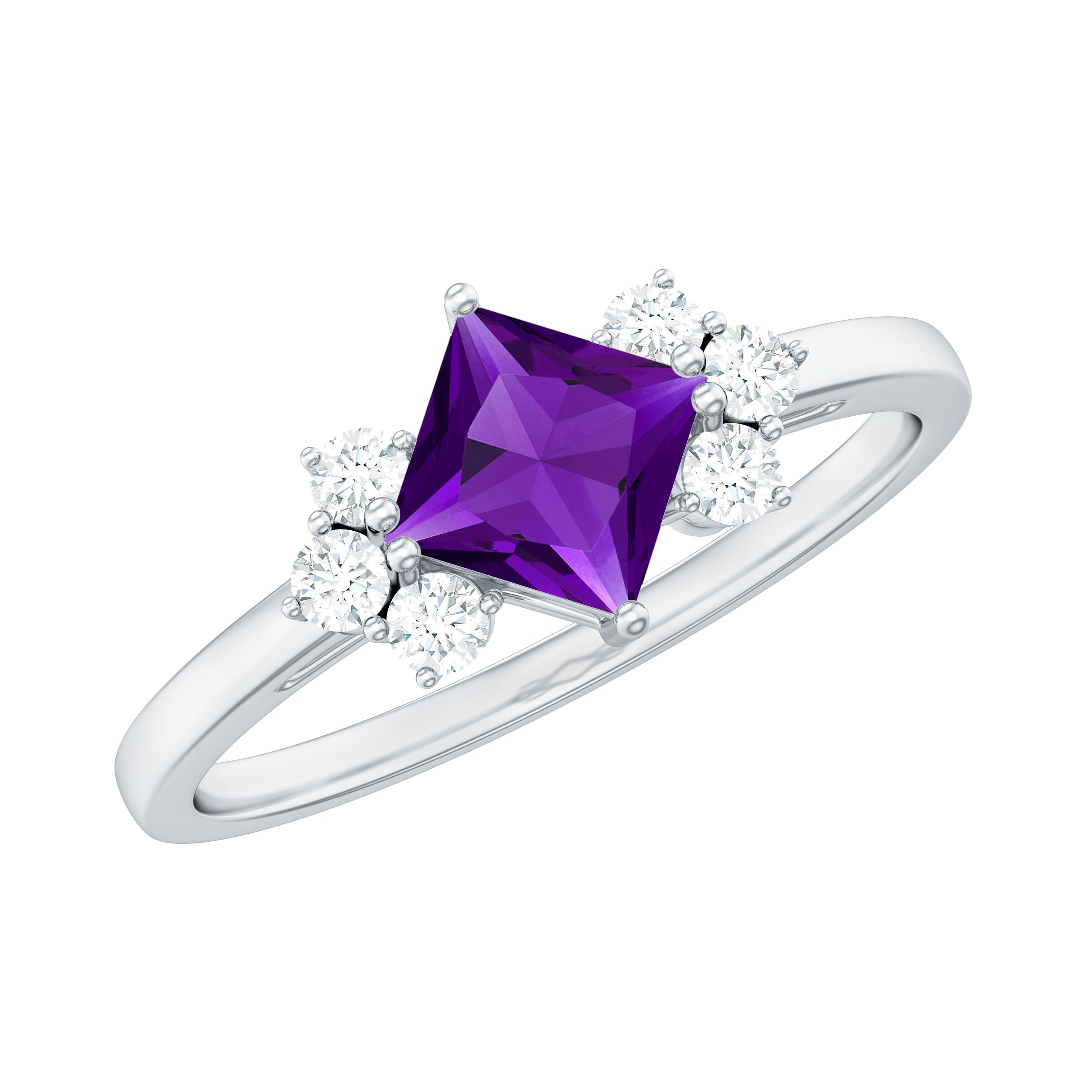 Princess Cut Amethyst Promise Ring with Diamond Trio AAA - Rosec Jewels